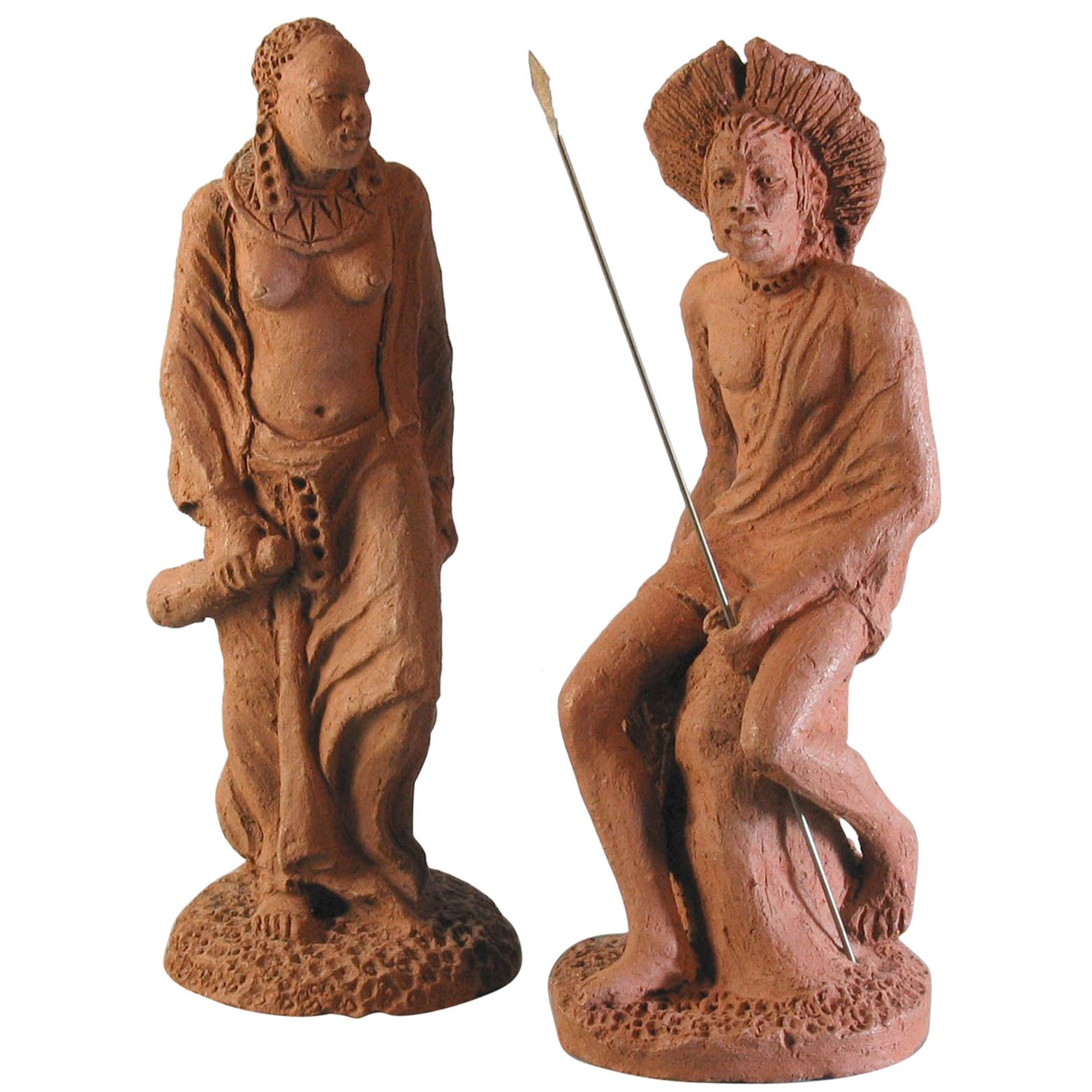 Terracotta Sculptures Massai Woman & Massai Warrior by H. Dullo 'Kenya' Tribal 