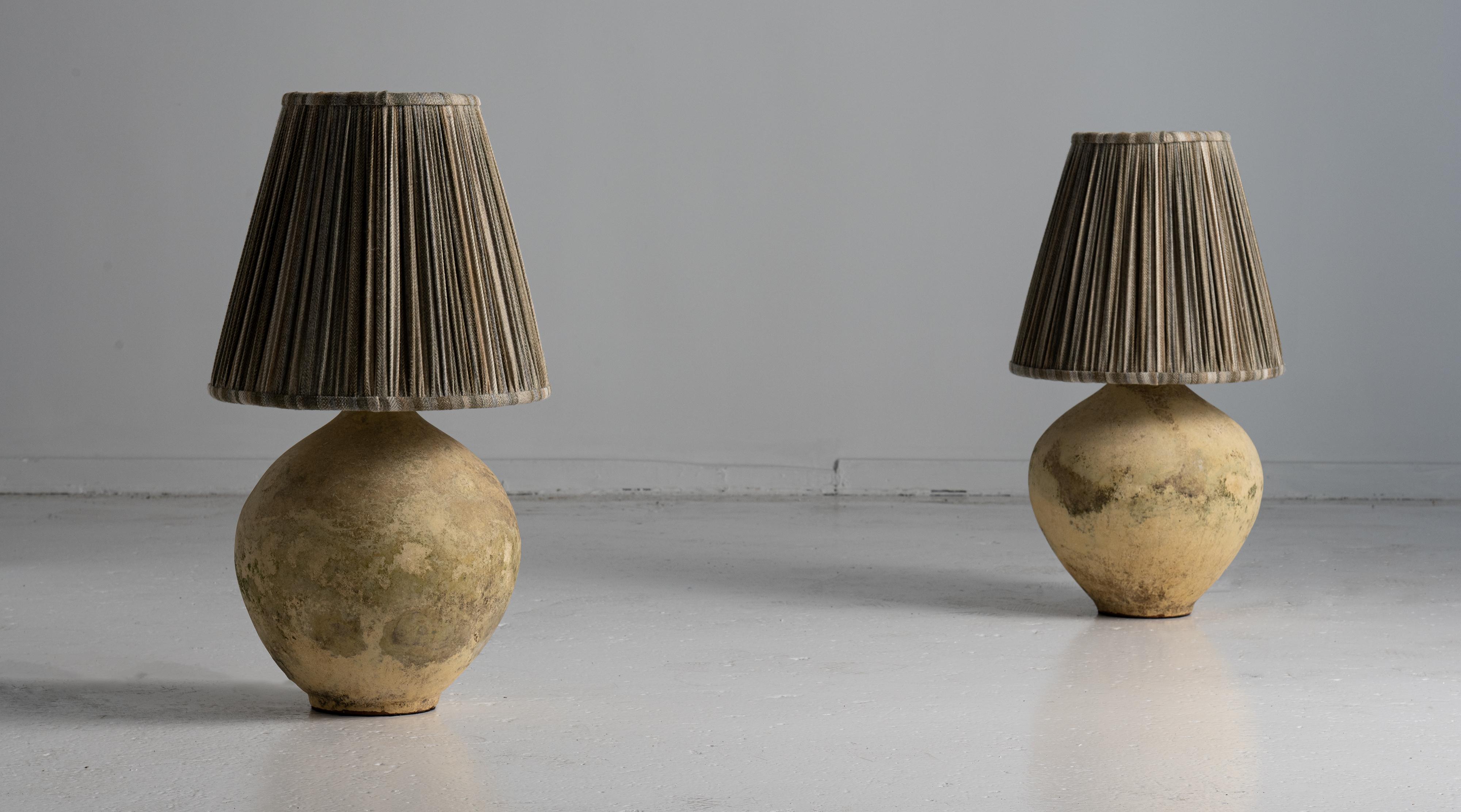 English Pair of Terracotta Table Lamps with Wool Stripe Gathered Shades