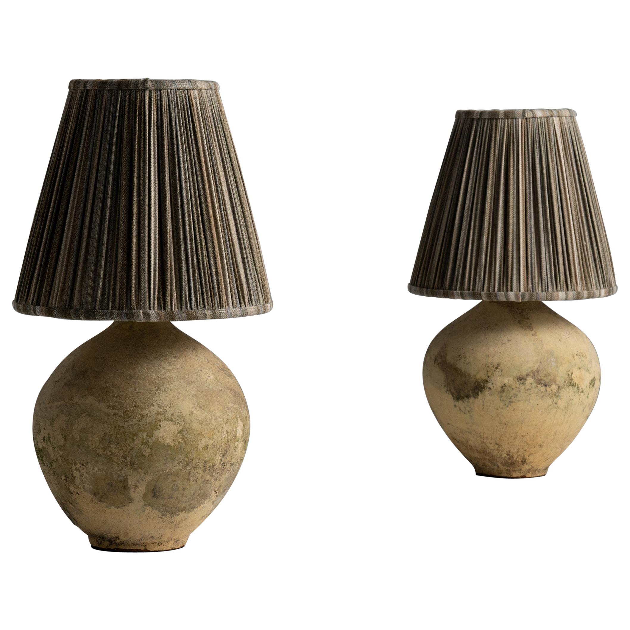 Pair of Terracotta Table Lamps with Wool Stripe Gathered Shades