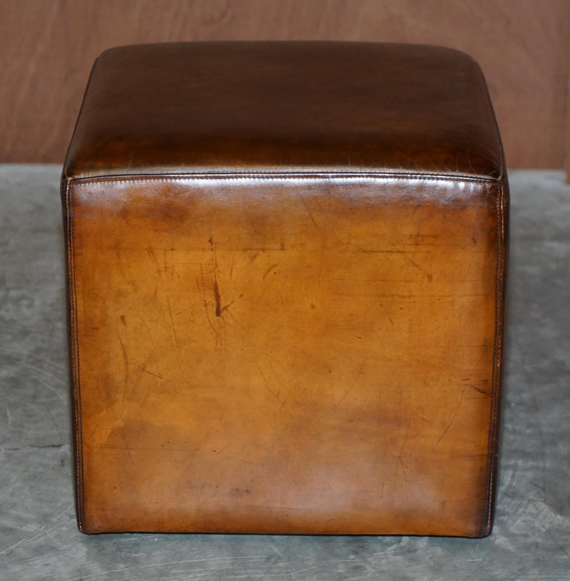 Pair of Terrance Conran Fully Restored Hand Dyed Brown Leather Cube Footstools 6