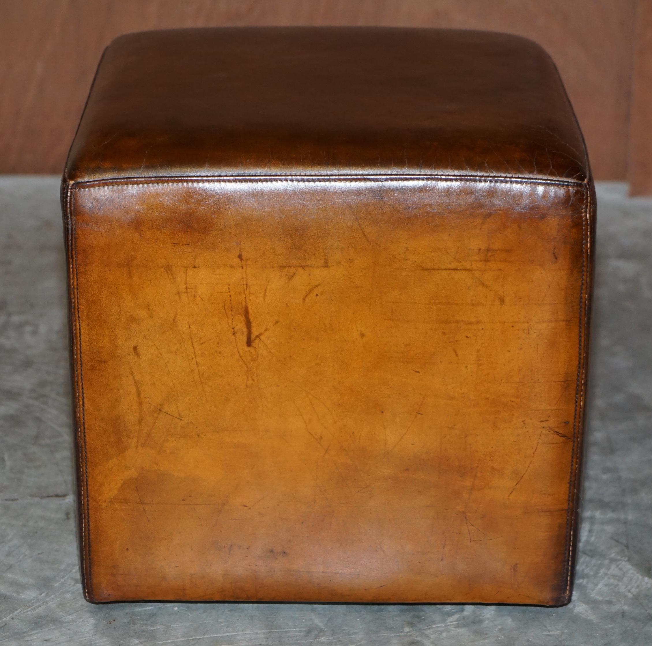 Pair of Terrance Conran Fully Restored Hand Dyed Brown Leather Cube Footstools 10