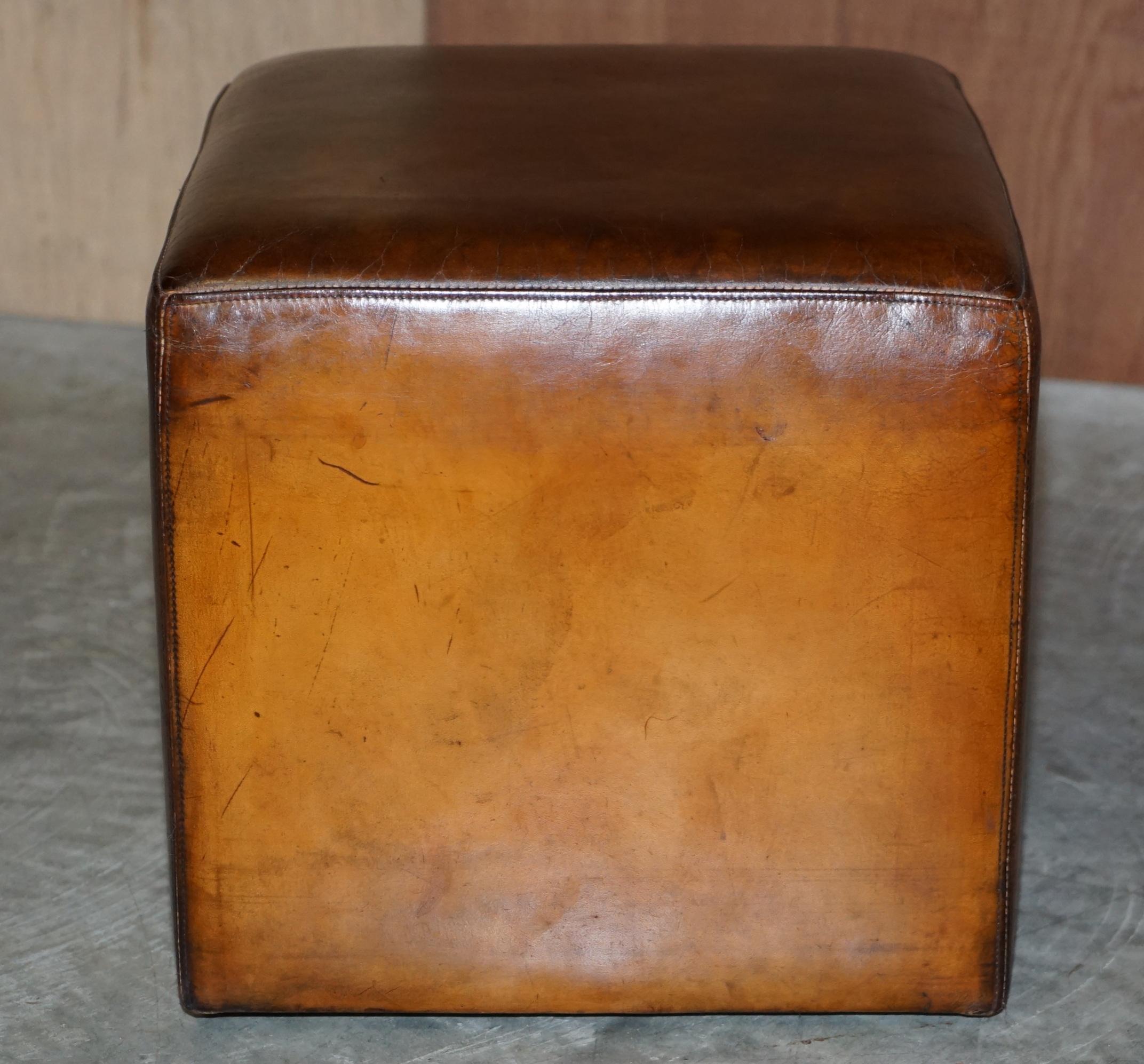 Pair of Terrance Conran Fully Restored Hand Dyed Brown Leather Cube Footstools 11