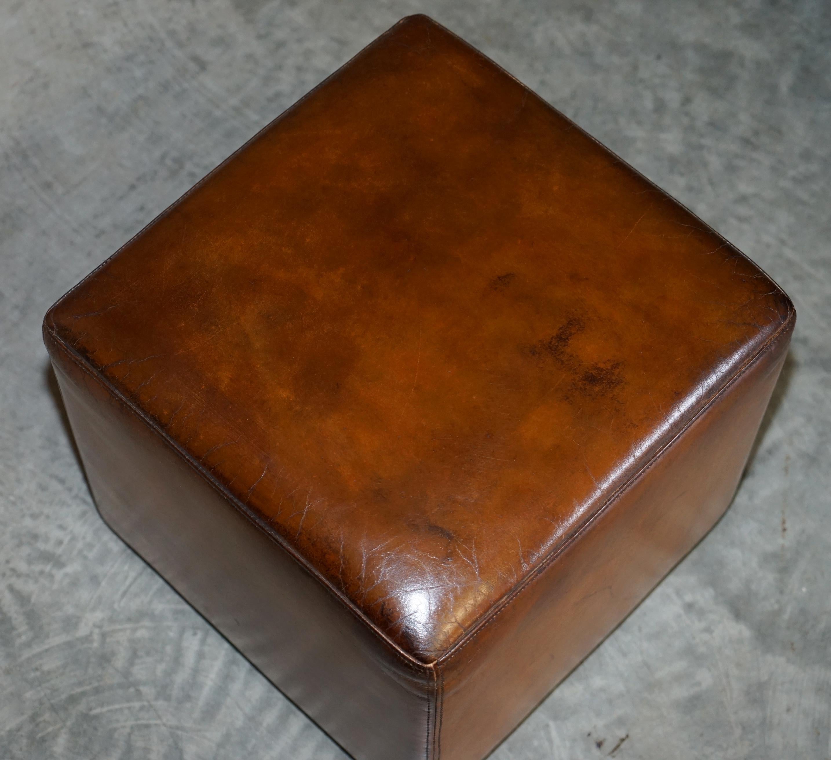 English Pair of Terrance Conran Fully Restored Hand Dyed Brown Leather Cube Footstools
