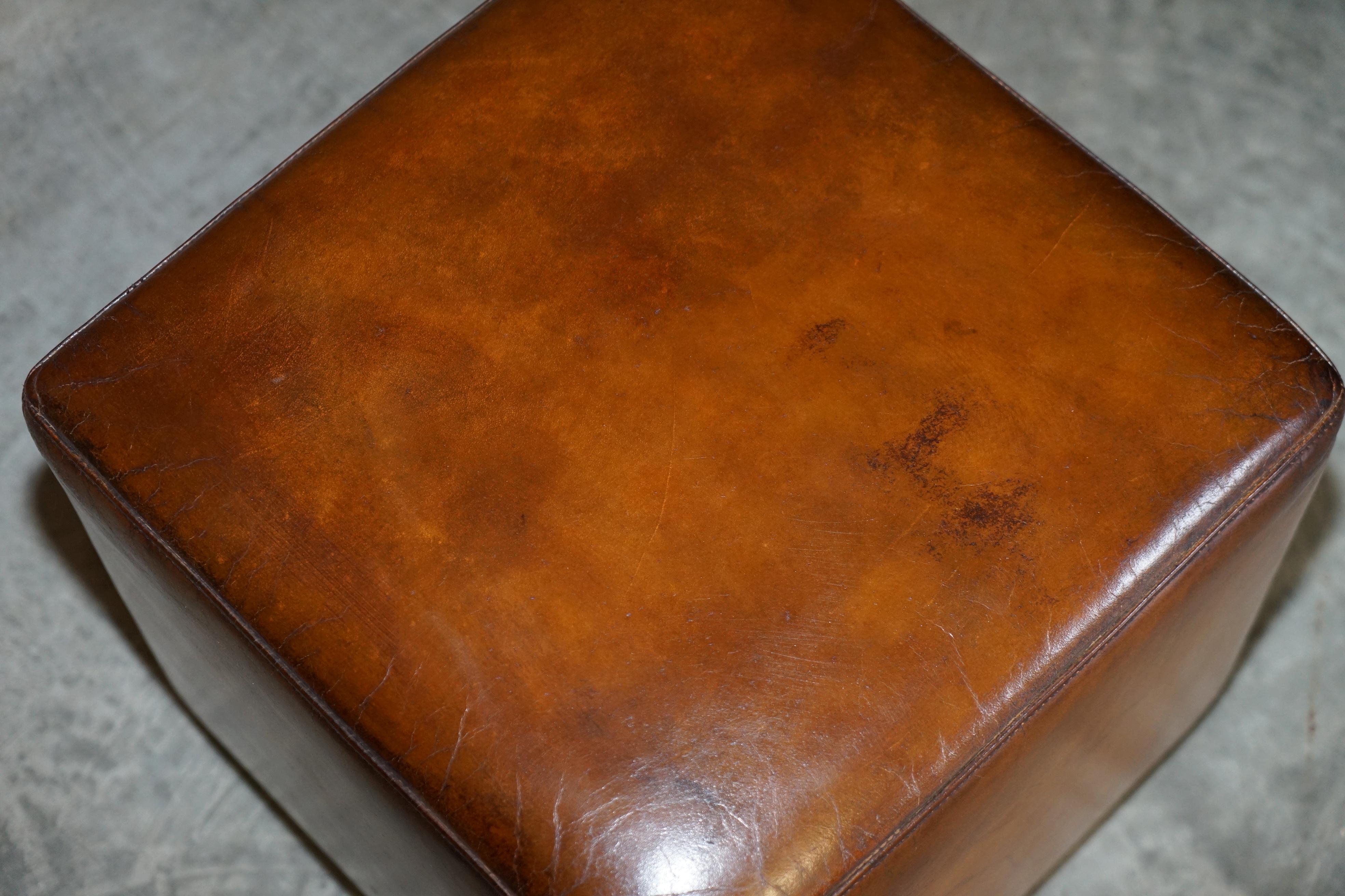 Hand-Crafted Pair of Terrance Conran Fully Restored Hand Dyed Brown Leather Cube Footstools
