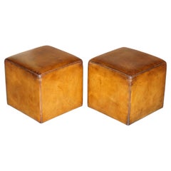 Pair of Terrance Conran Fully Restored Hand Dyed Brown Leather Cube Footstools