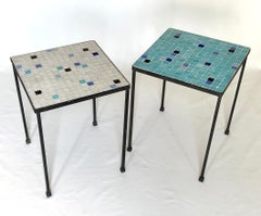 Pair of Terrazzo Glass Tile Wrought Iron Tables, 1950's