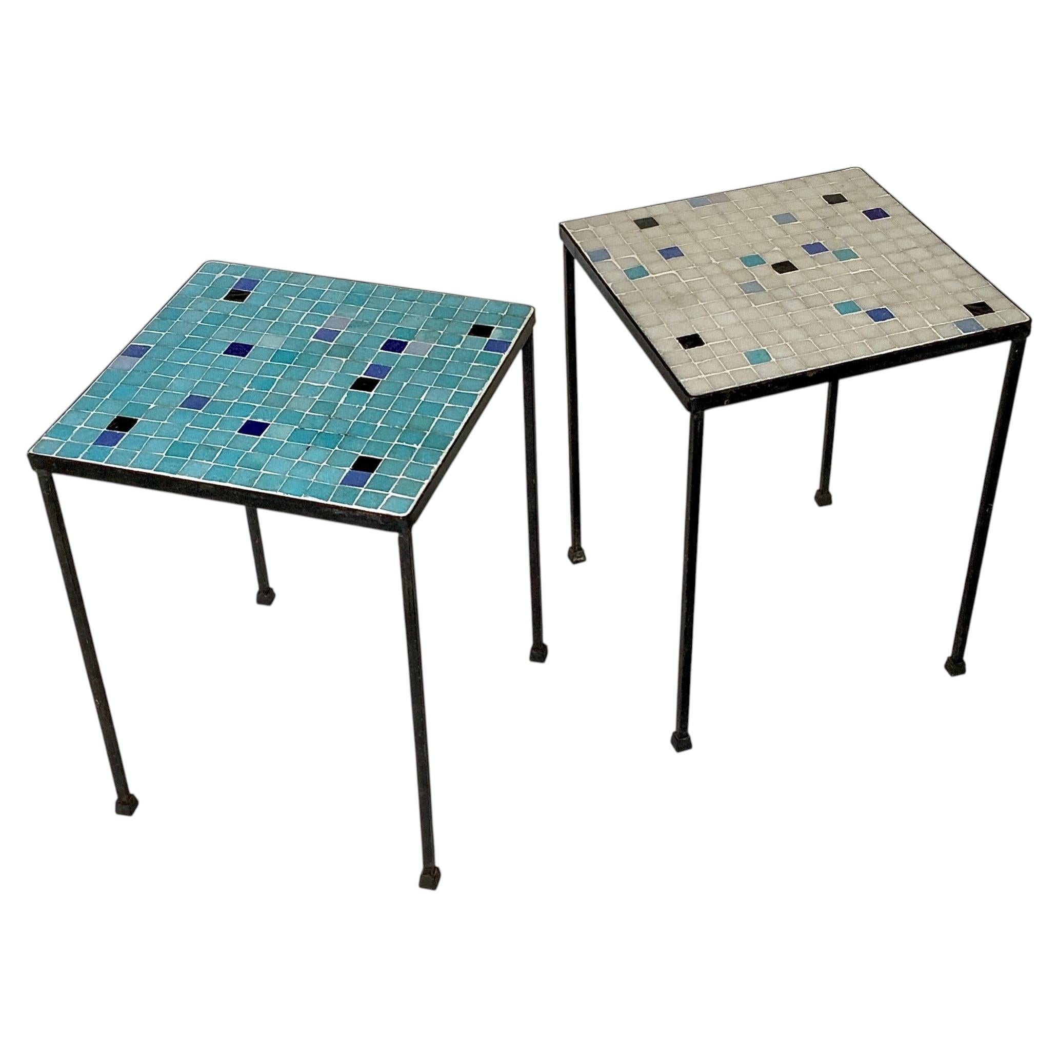 Pair of Terrazzo Glass Tile Wrought Iron Tables, 1950's For Sale