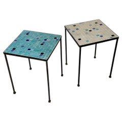 Pair of Terrazzo Glass Tile Wrought Iron Tables, 1950's