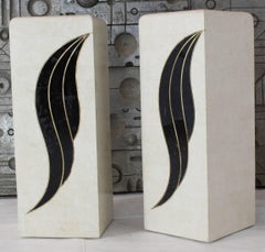 Pair of Tessellated Black and Beige Stone or Tile Brass Inlay Pedestals