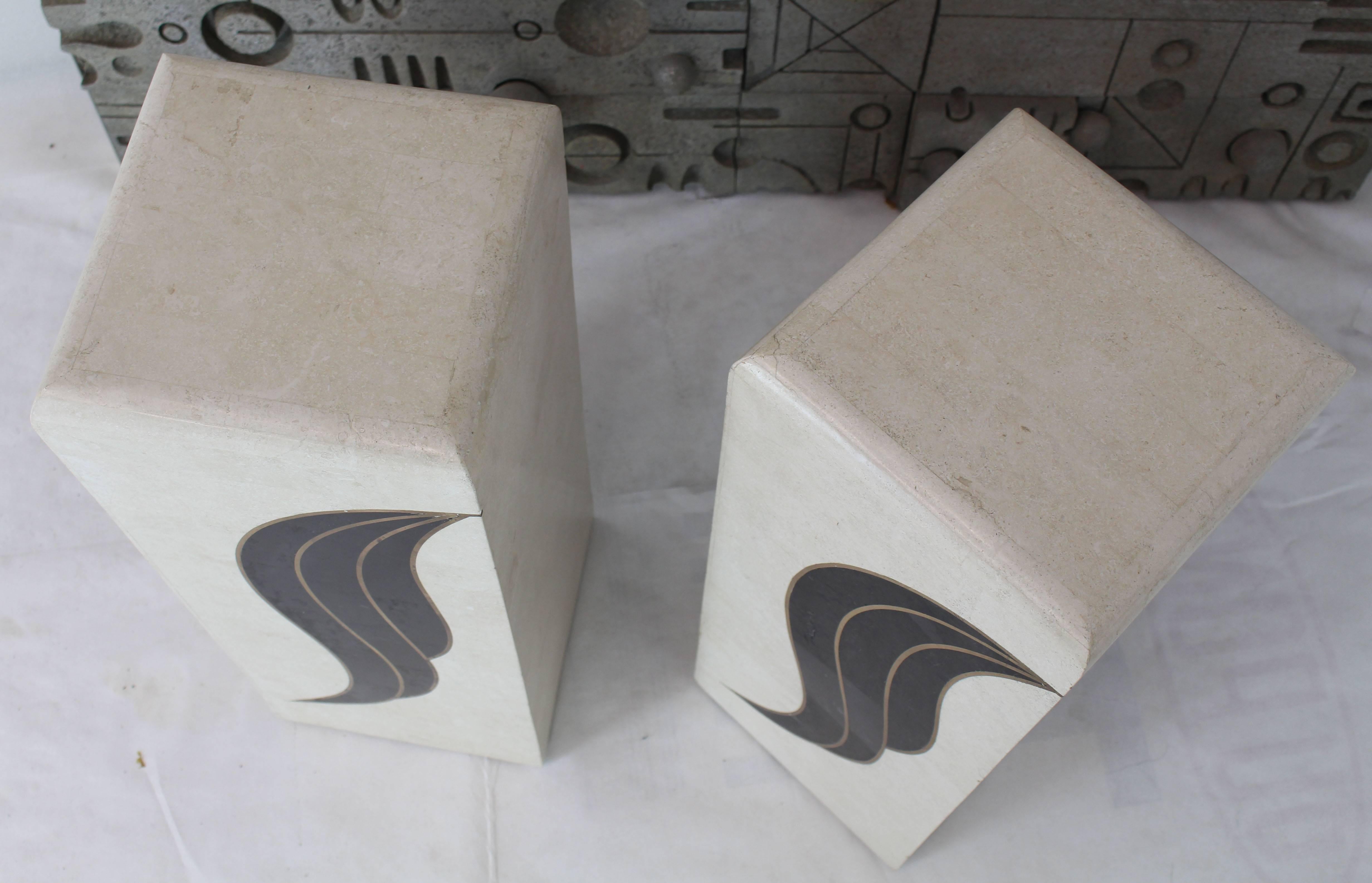 20th Century Pair of Tessellated Black and Beige Stone or Tile Brass Inlay Pedestals