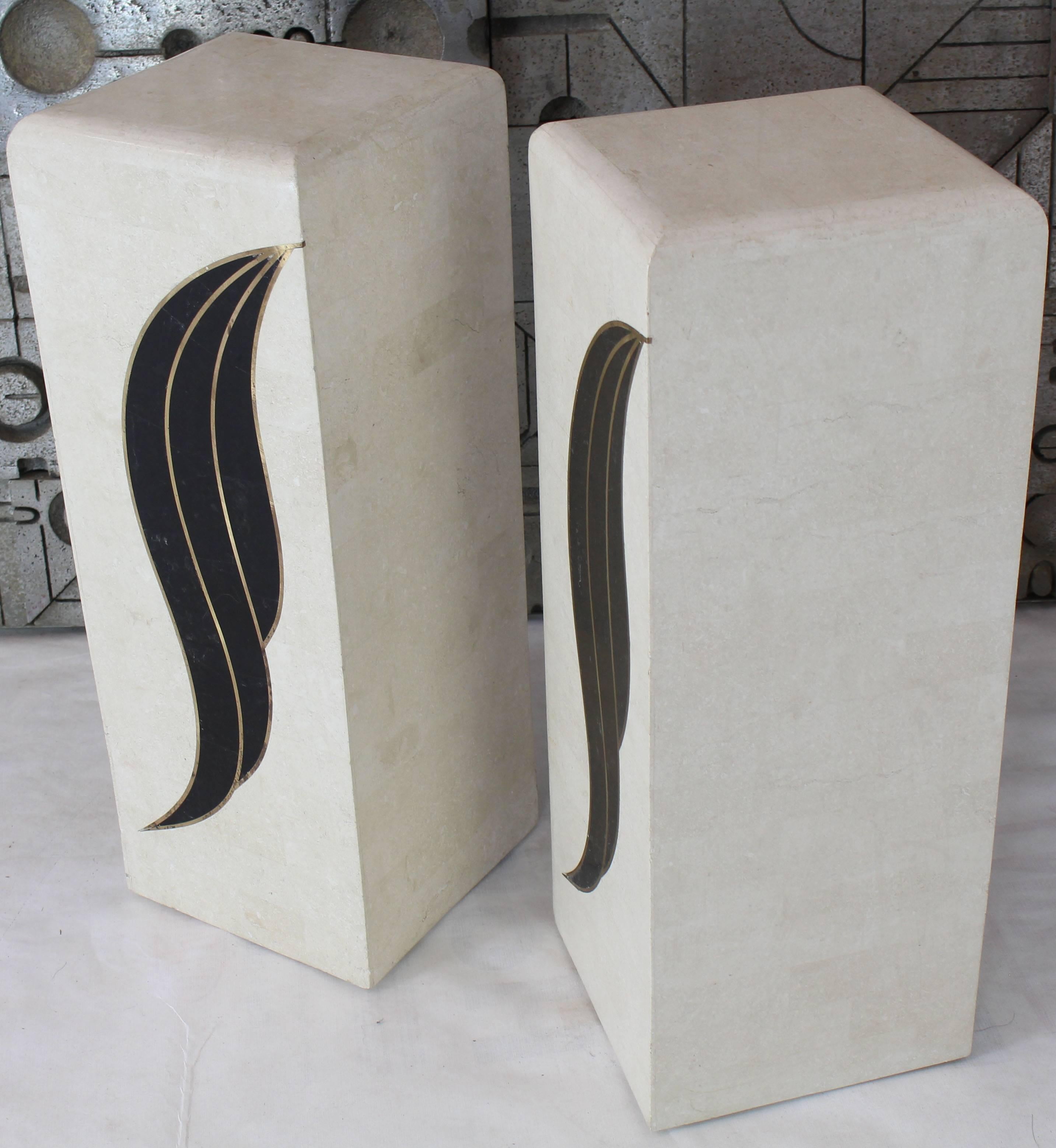 Pair of Tessellated Black and Beige Stone or Tile Brass Inlay Pedestals 1