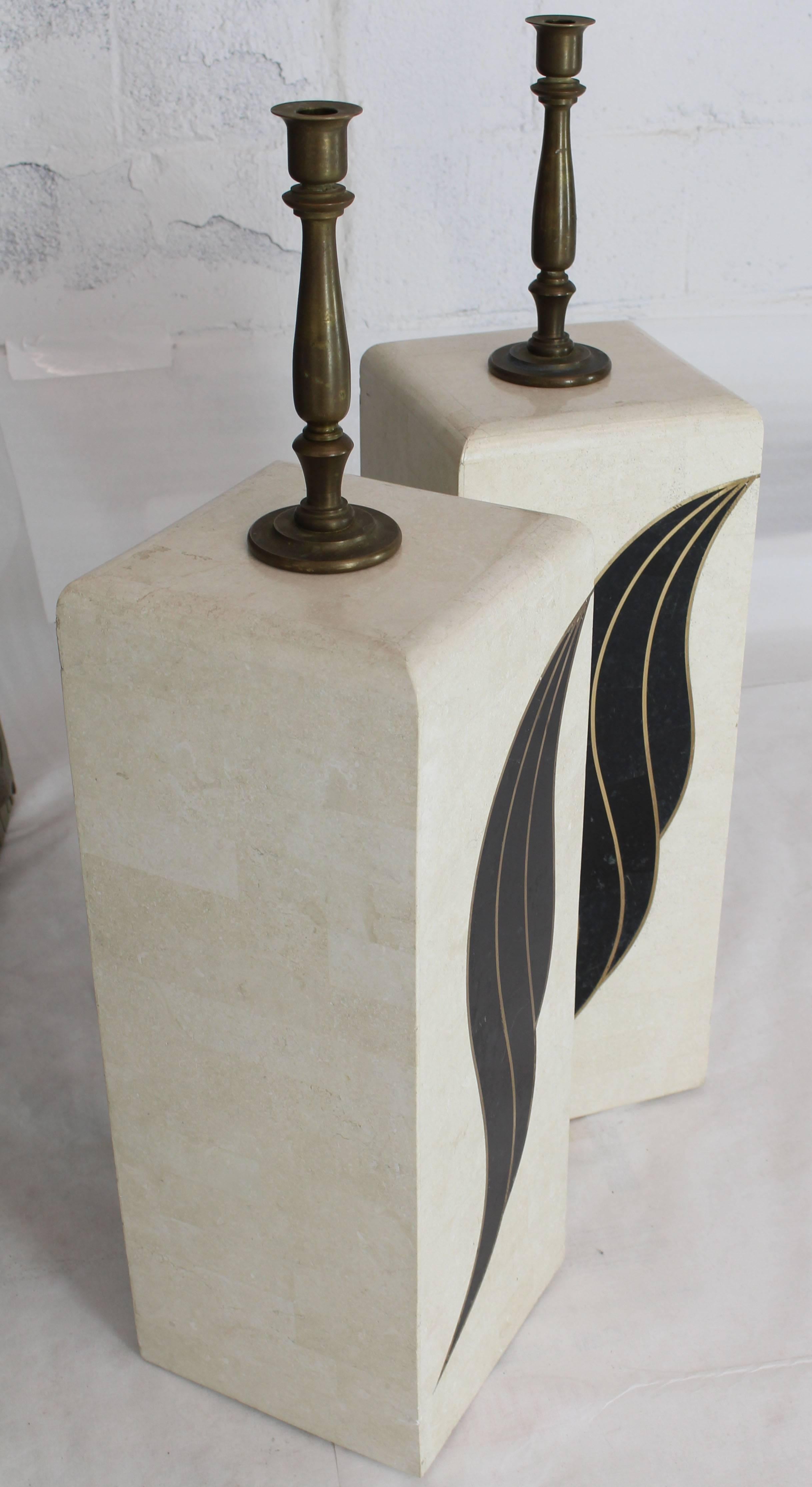 Pair of Tessellated Black and Beige Stone or Tile Brass Inlay Pedestals 2