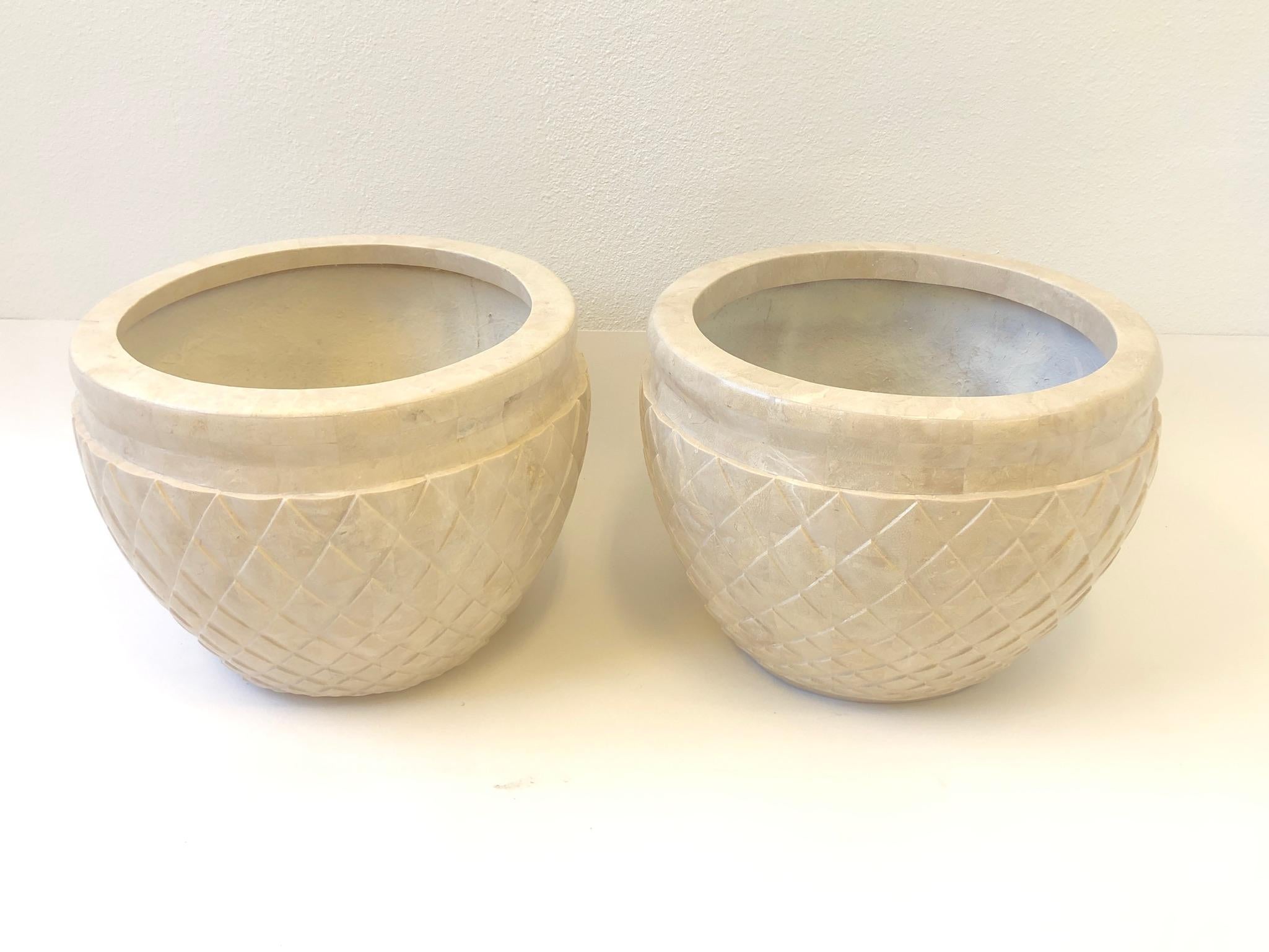 American Pair of Tessellated Fossil Stone Planters by Marquis Collection of Beverly Hills
