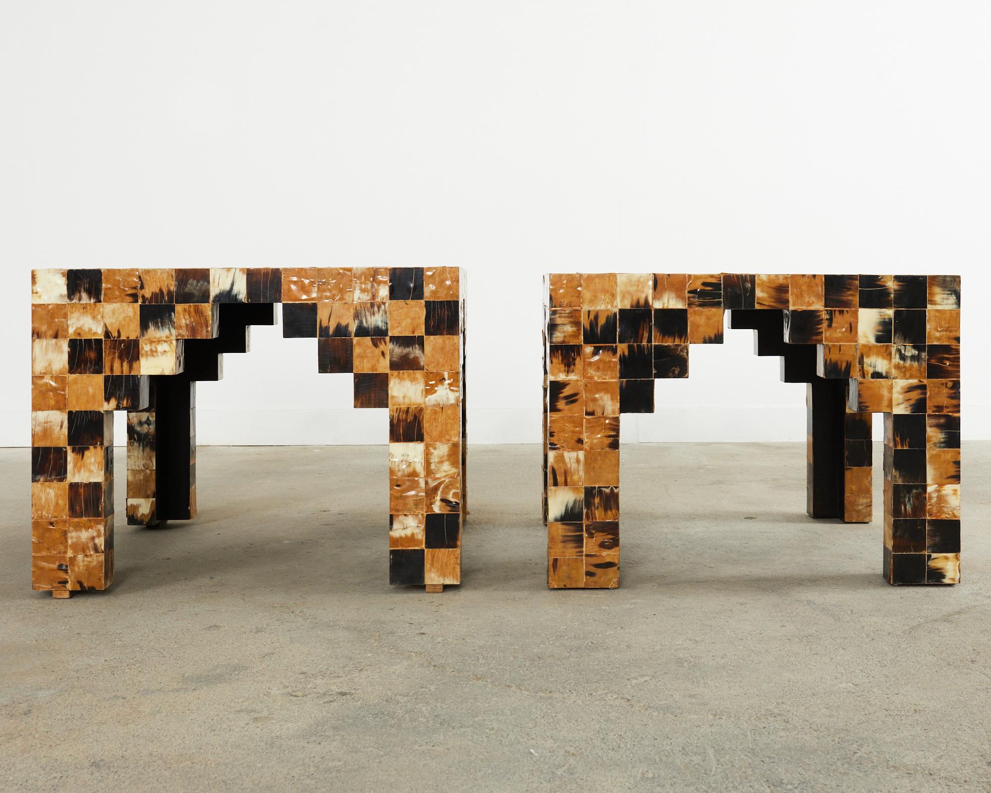 Hollywood Regency Pair of Tessellated Horn Block Tables Designed by Thomas Britt For Sale