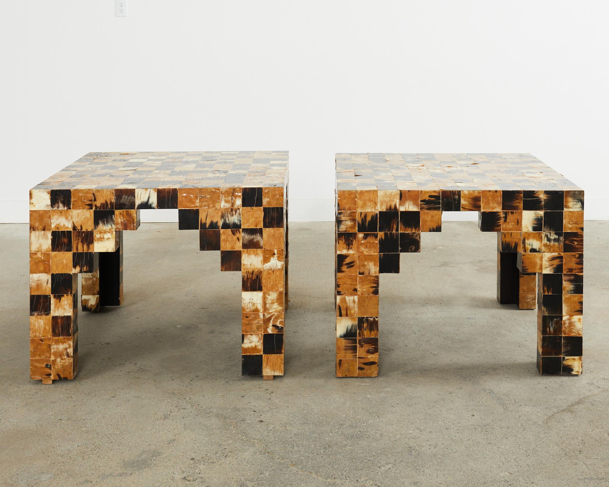 Pair of Tessellated Horn Block Tables Designed by Thomas Britt In Distressed Condition For Sale In Rio Vista, CA