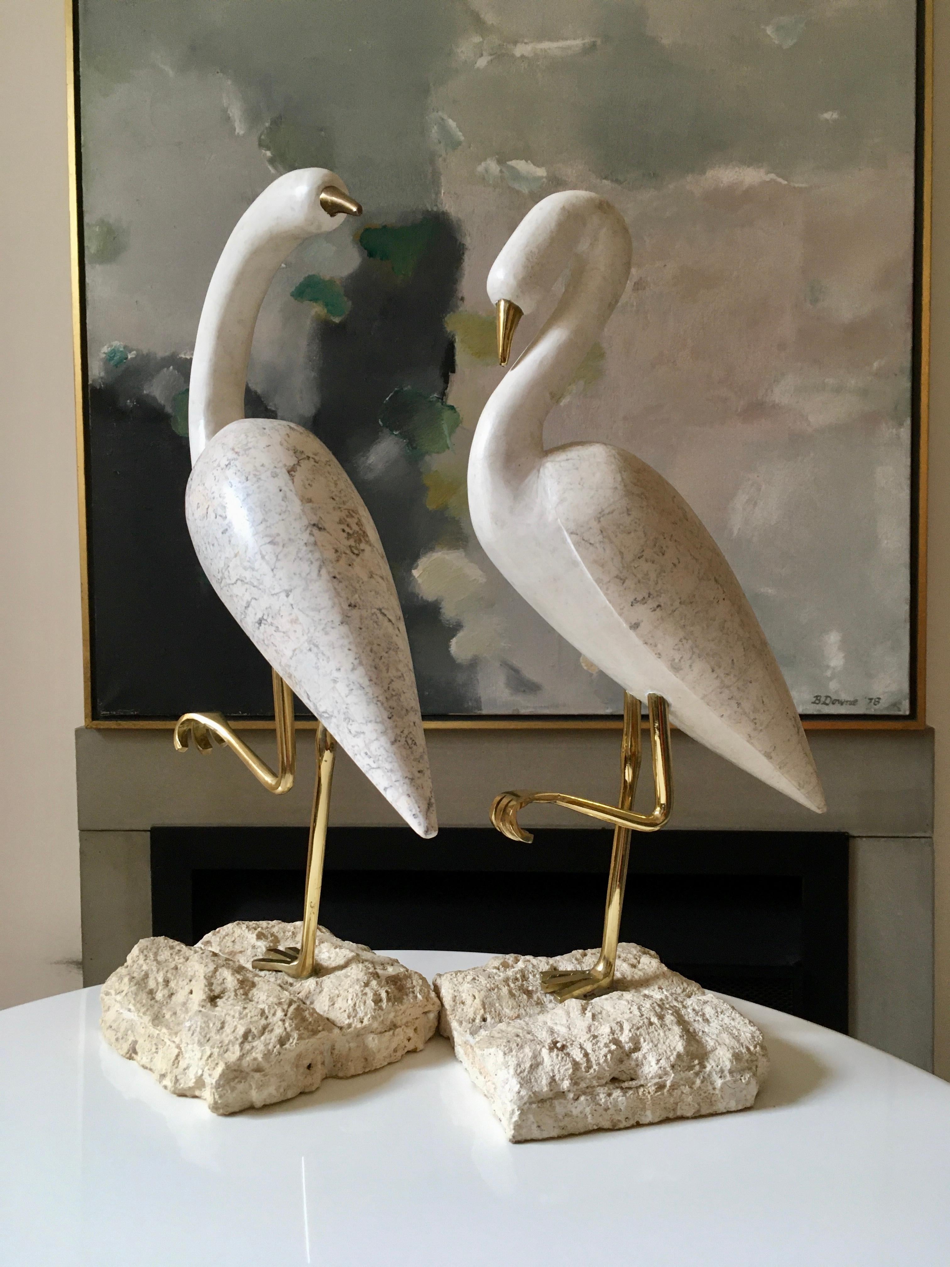 Philippine Pair of Tessellated Marble, Brass and Stone Birds Attributed to Maitland Smith