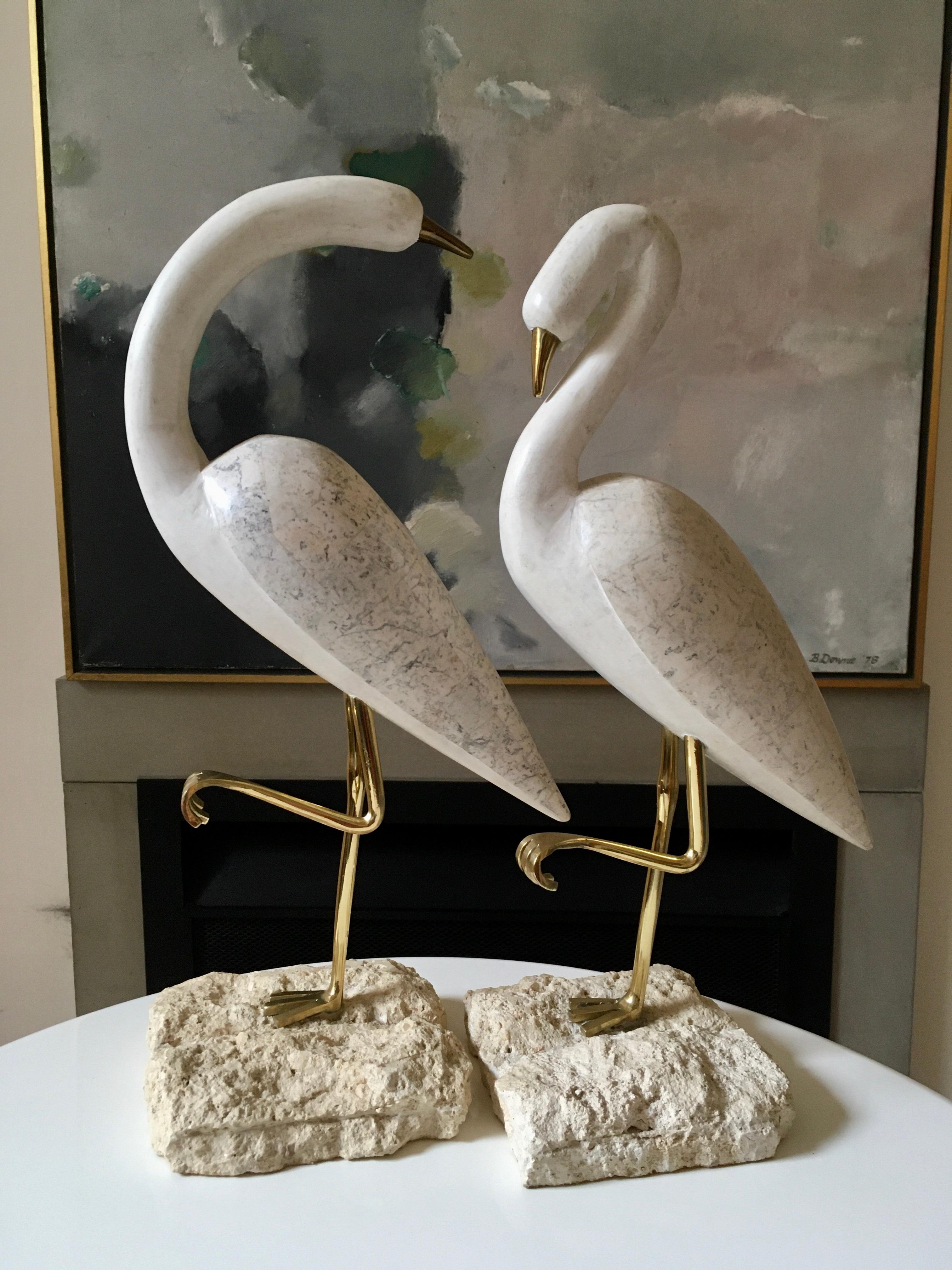 Pair of Tessellated Marble, Brass and Stone Birds Attributed to Maitland Smith 3