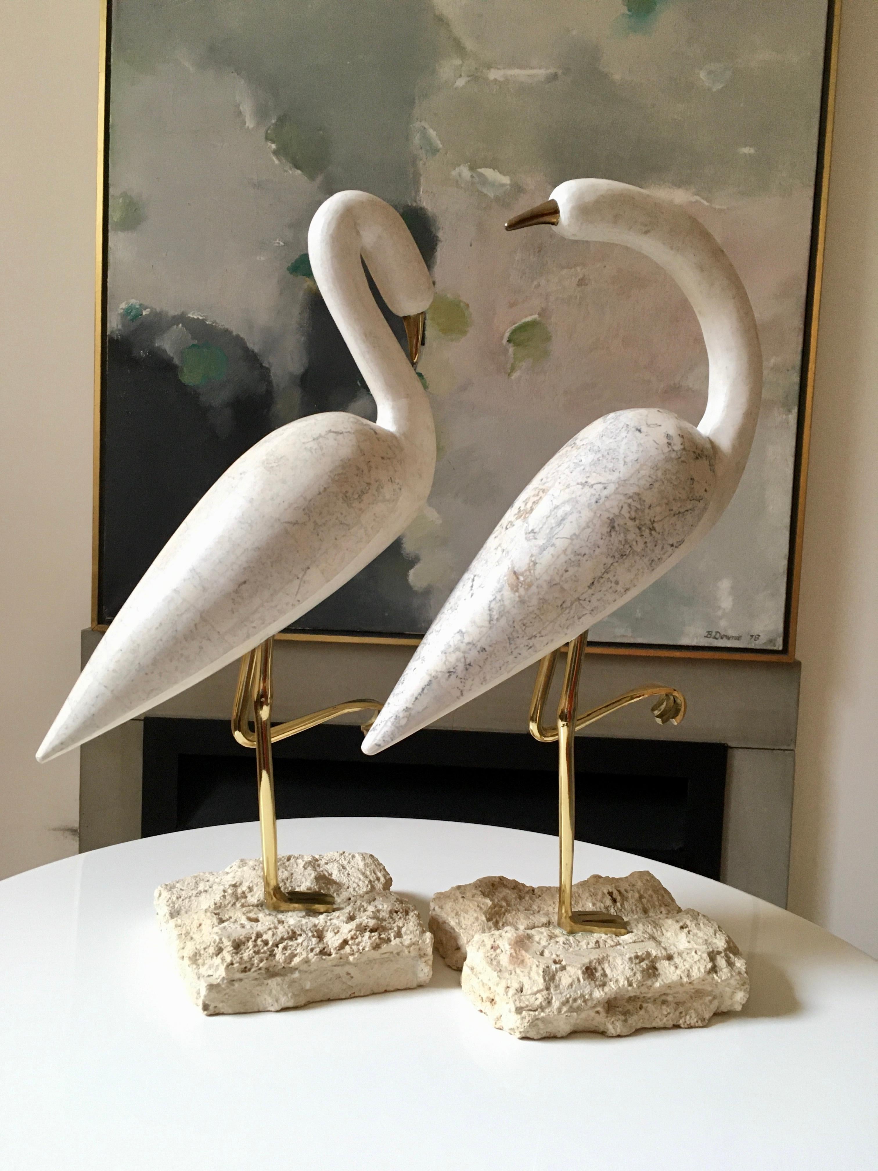 Late 20th Century Pair of Tessellated Marble, Brass and Stone Birds Attributed to Maitland Smith
