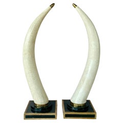 Pair of Tessellated Marble Faux Tusks on Brass and Faux Marble Bases