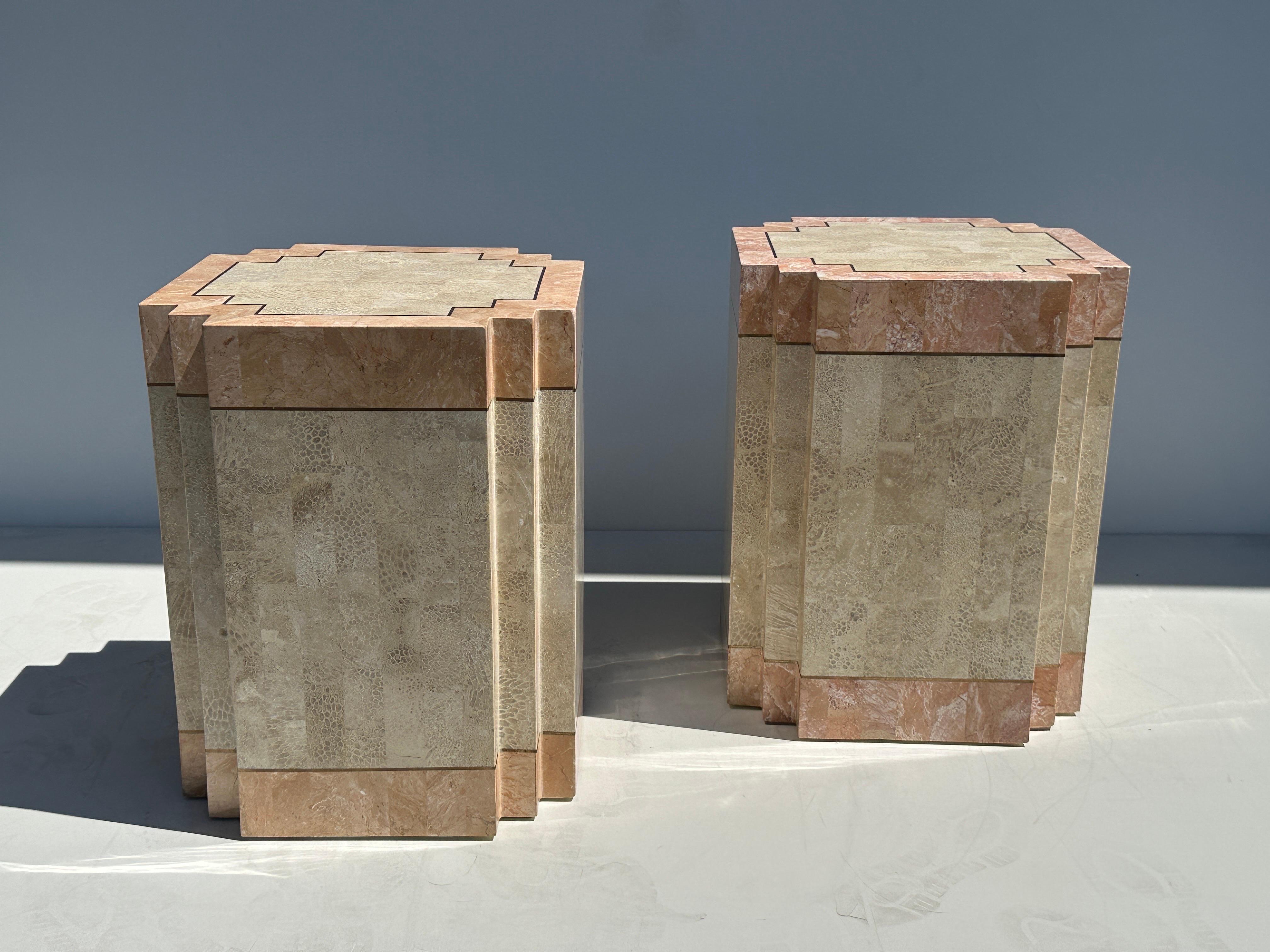Pair of tessellated pink stone / marble and fossilized coral side / end tables with brass accents.  Can be used as is or with a glass top (not included) . Matching coffee table available in our other listing. 