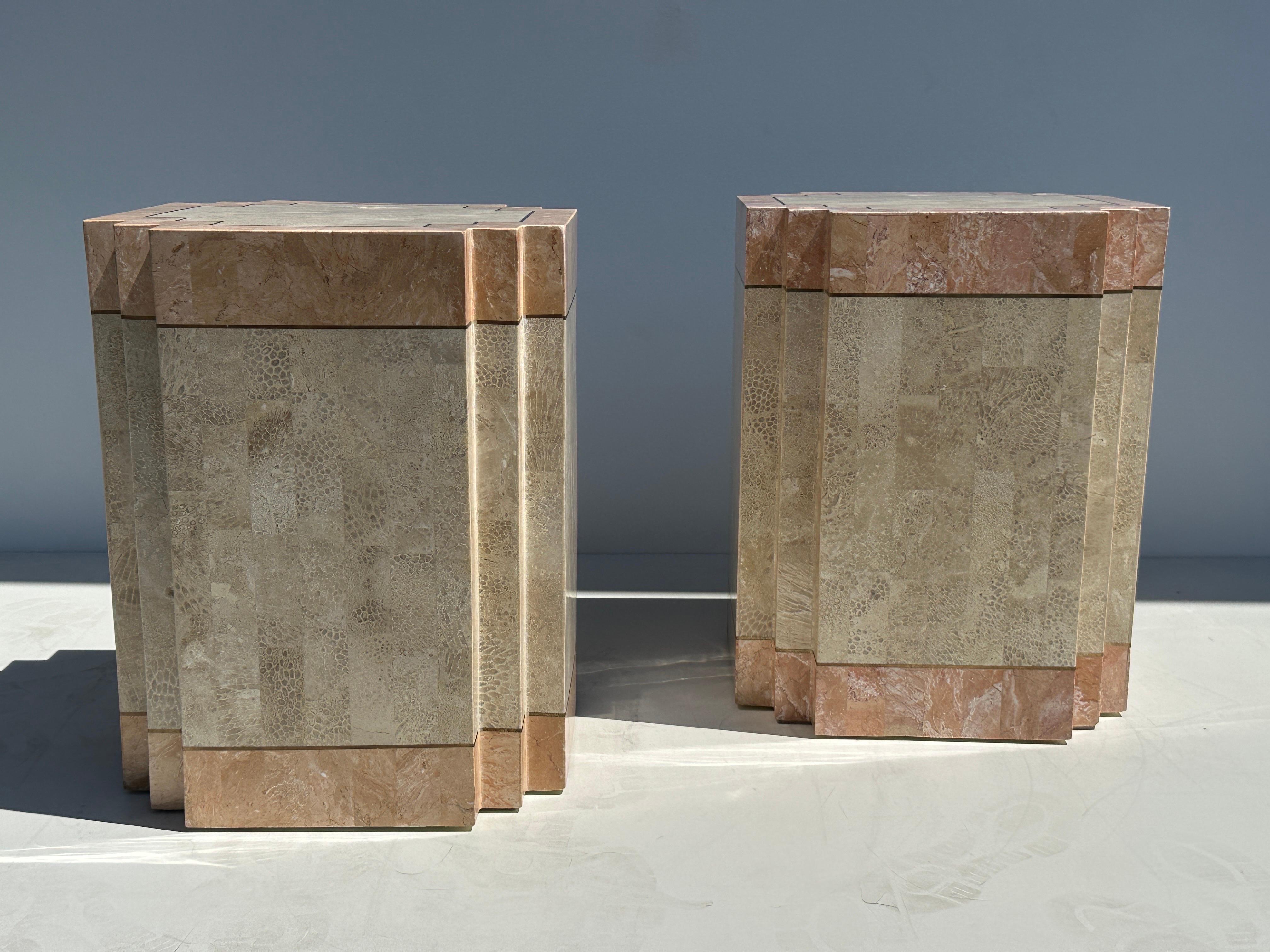 Hollywood Regency Pair of Tessellated Pink Stone Side / End Tables For Sale