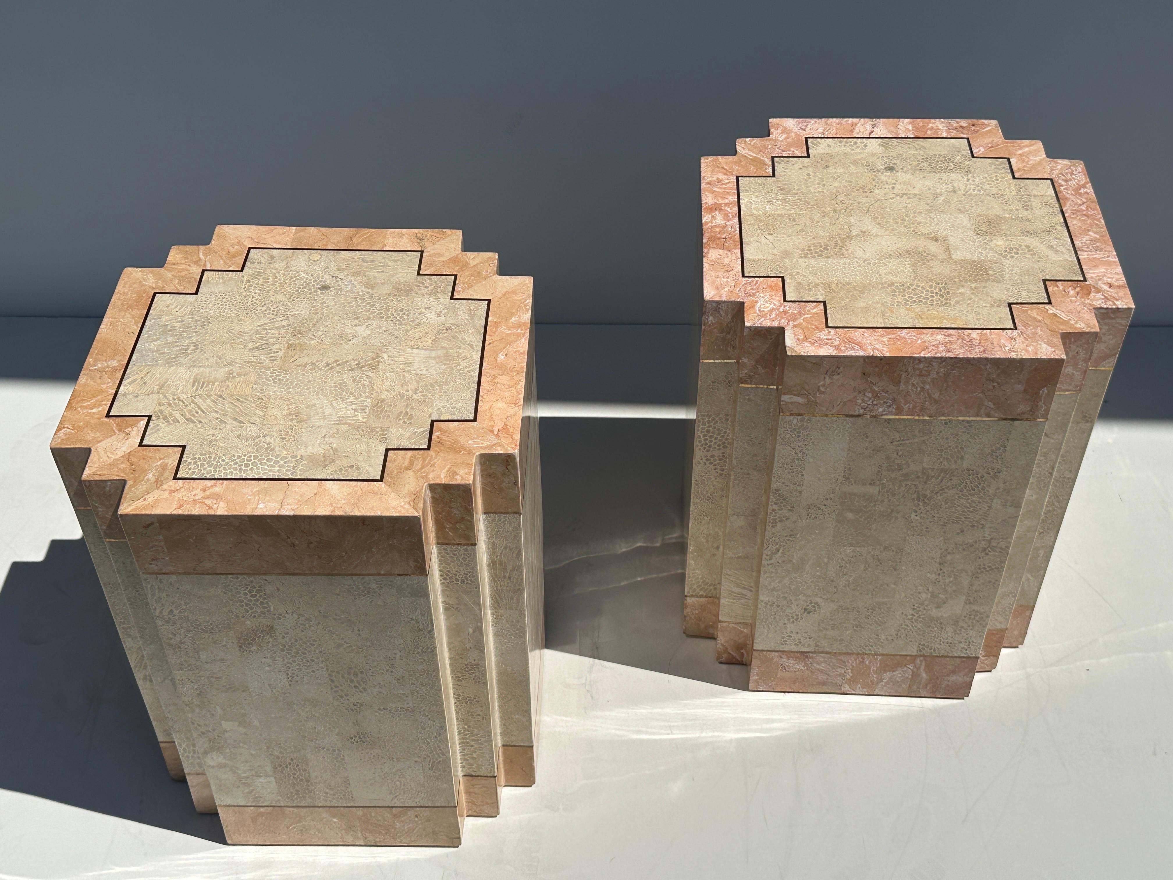 Appliqué Pair of Tessellated Pink Stone Side / End Tables For Sale