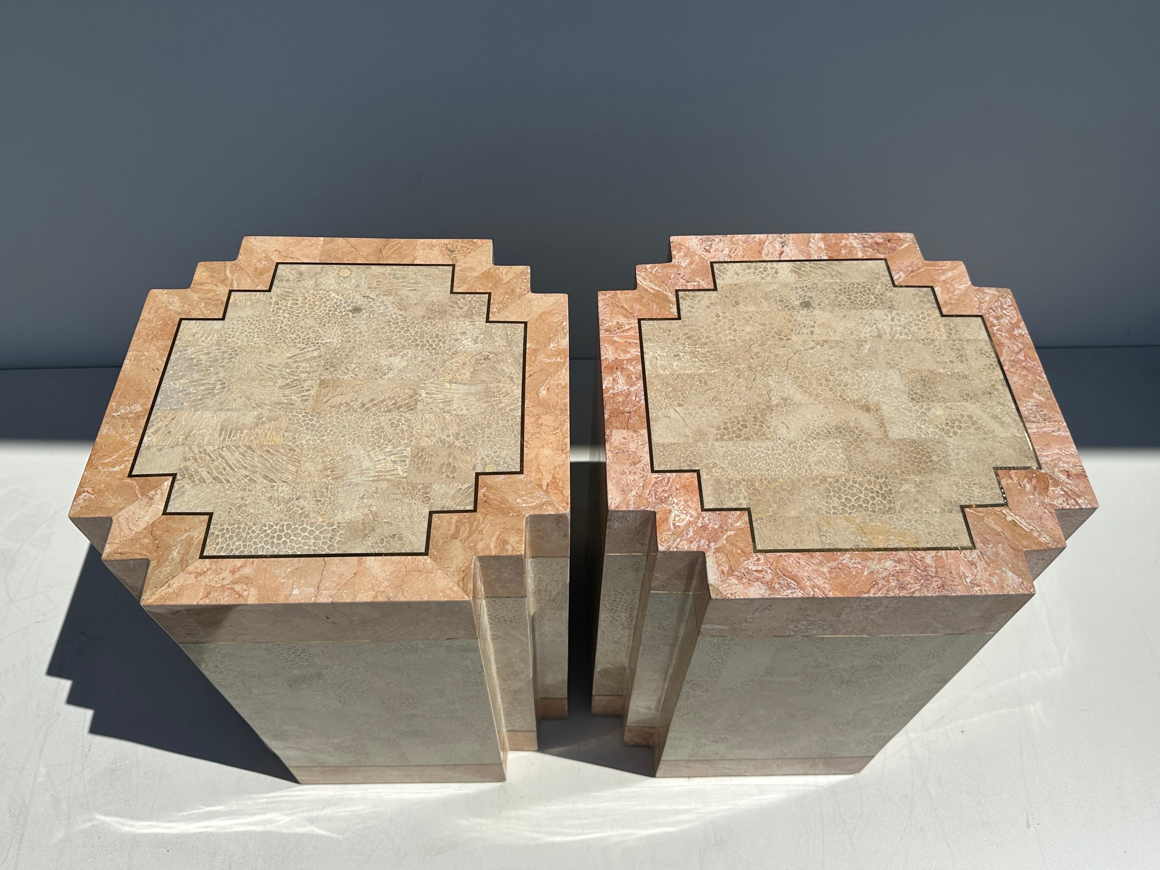 Late 20th Century Pair of Tessellated Pink Stone Side / End Tables For Sale