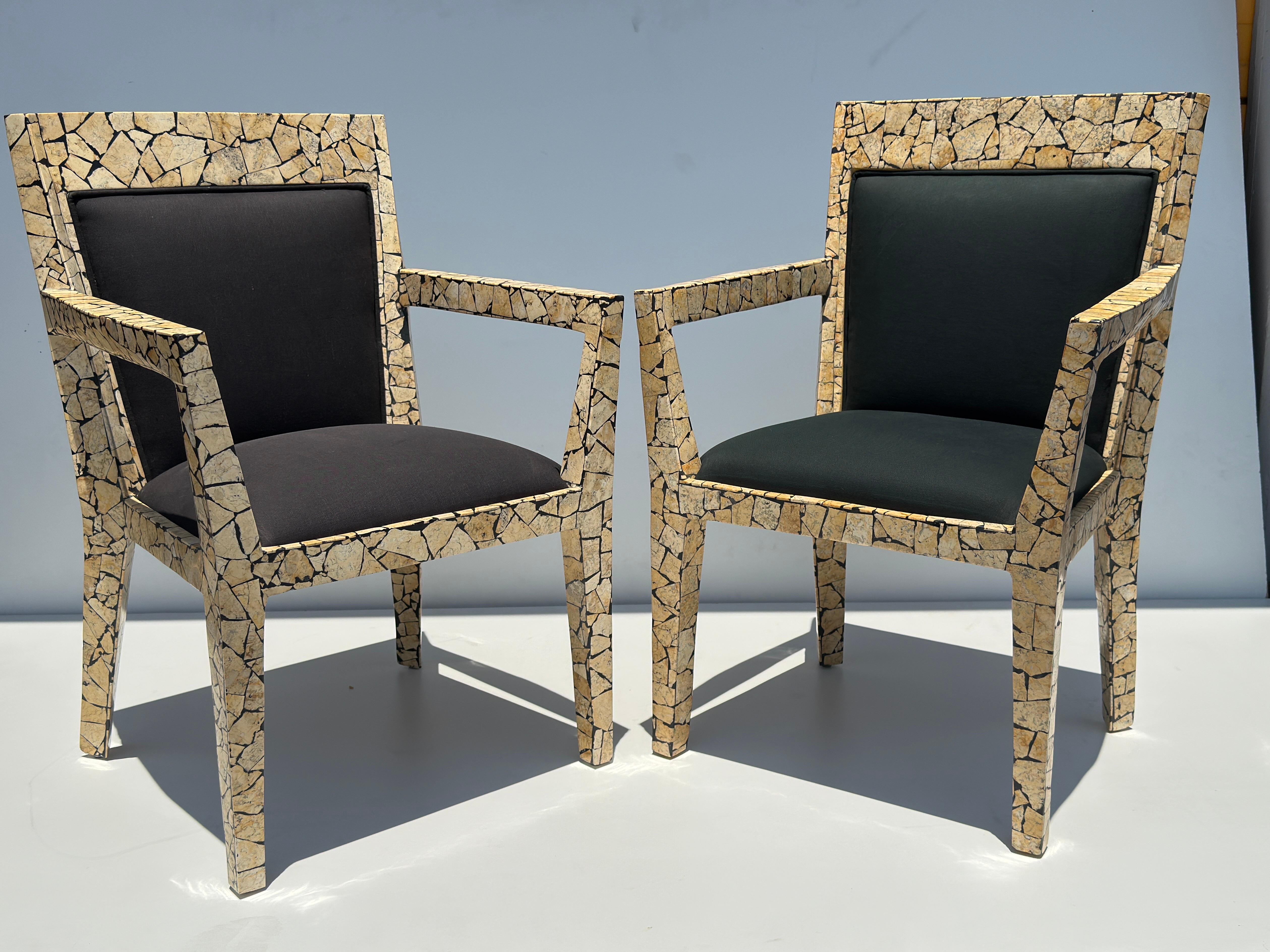 Pair of tessellated exotic stone armchairs made in the style of Karl Springer.
Just pretty from every angle!!