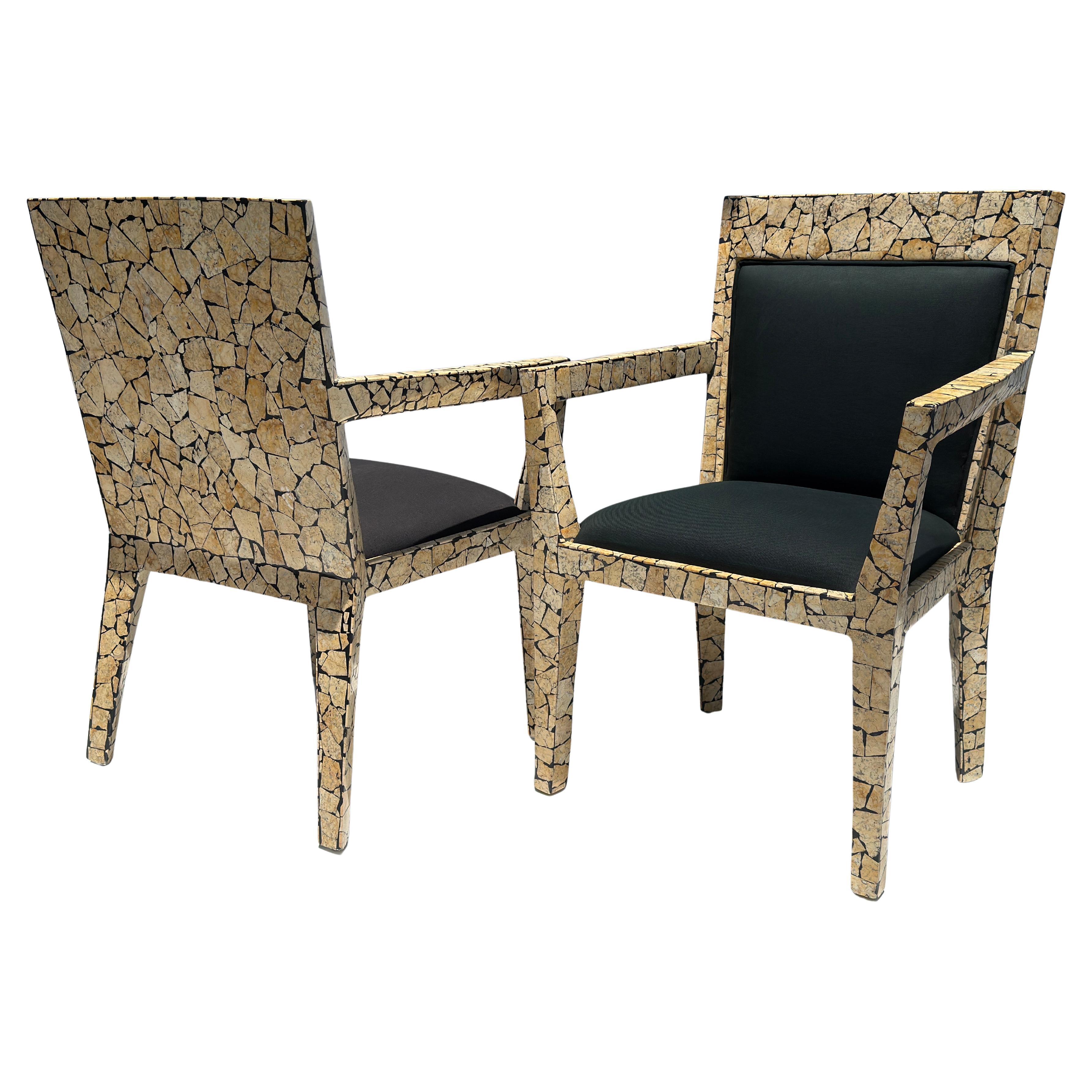 Pair of Tessellated Stone Armchairs after Karl Springer For Sale