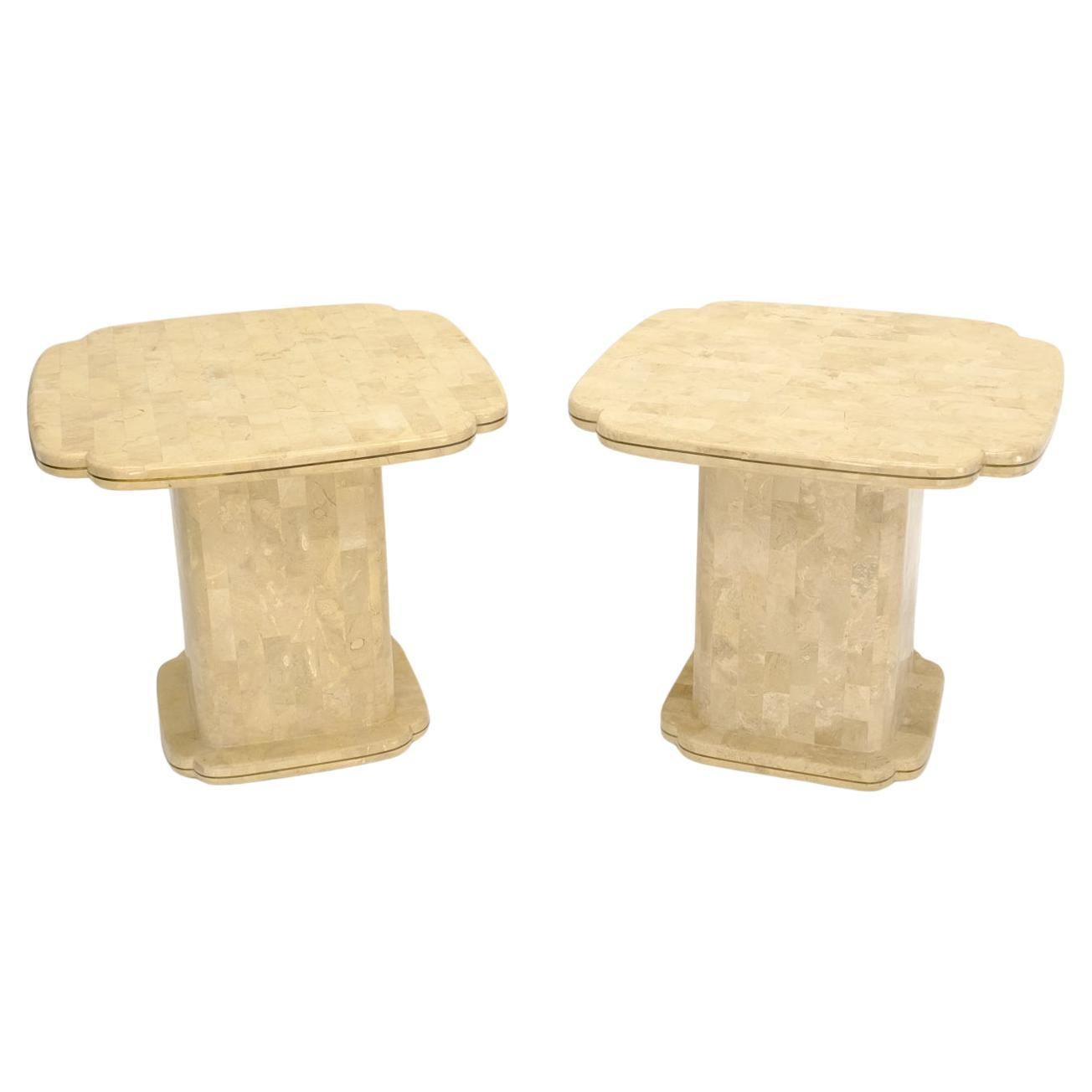 Pair of Mid-Century Modern single pedestal tessellated stone brass trim end night tables stands.