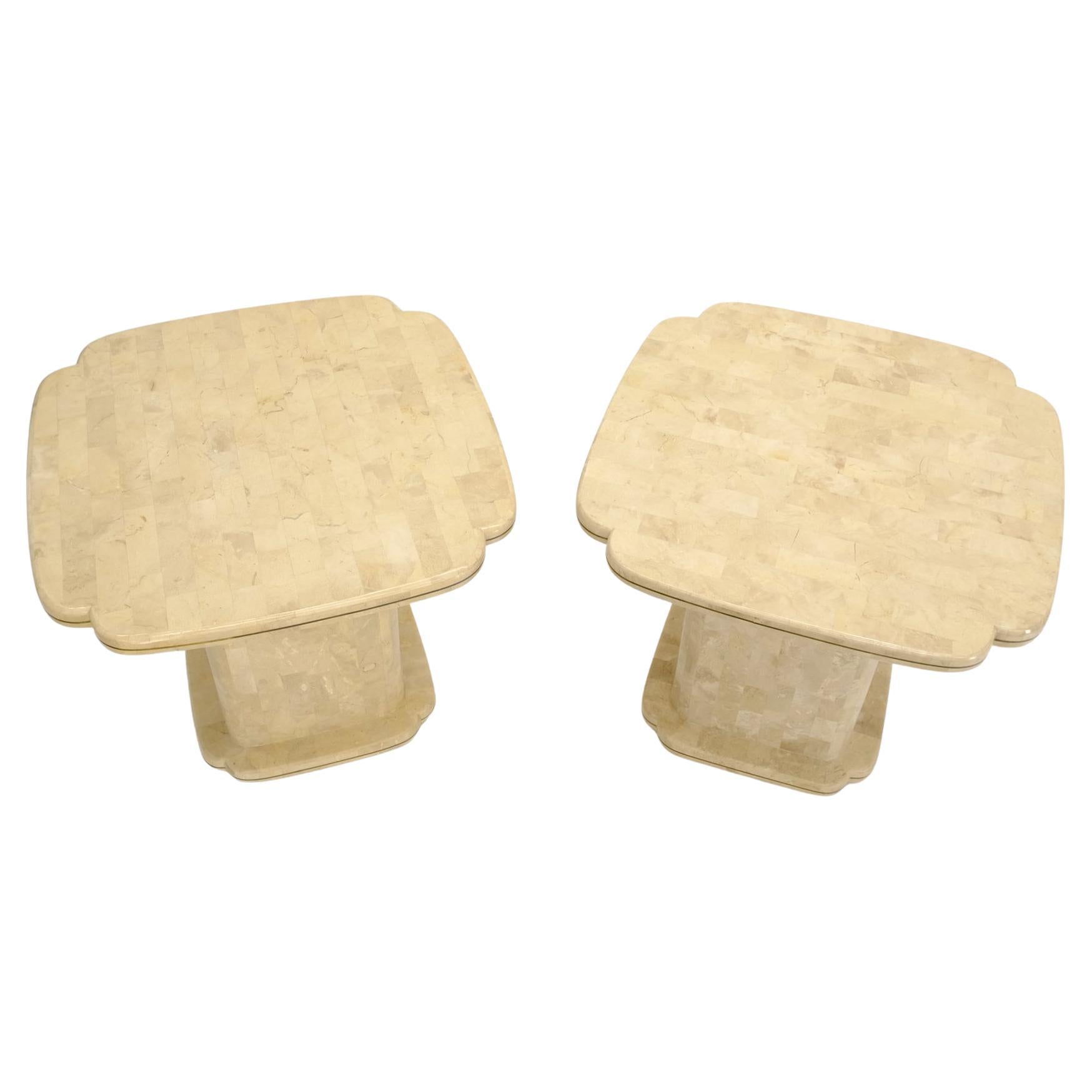 Pair of Tessellated Stone Brass Trim Mid-Century Modern End Tables Stands For Sale