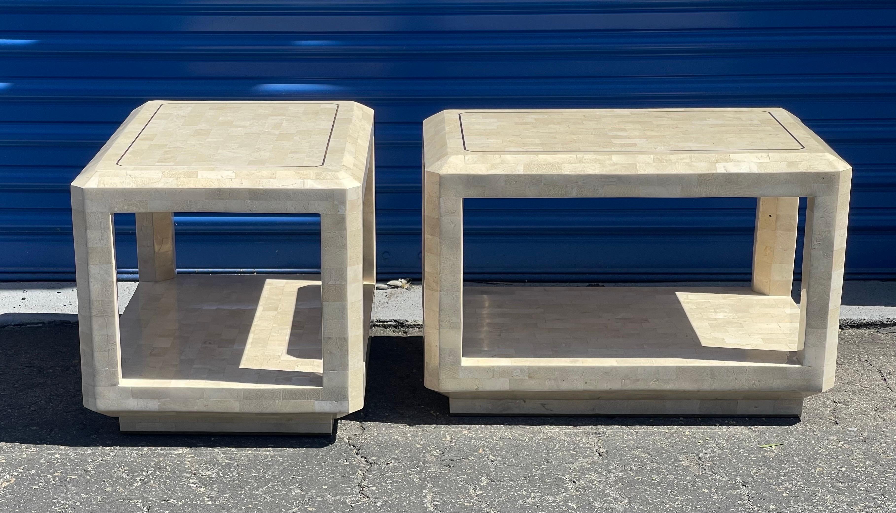 Pair of Tessellated Stone End Table with Brass Accents by Maitland Smith 9
