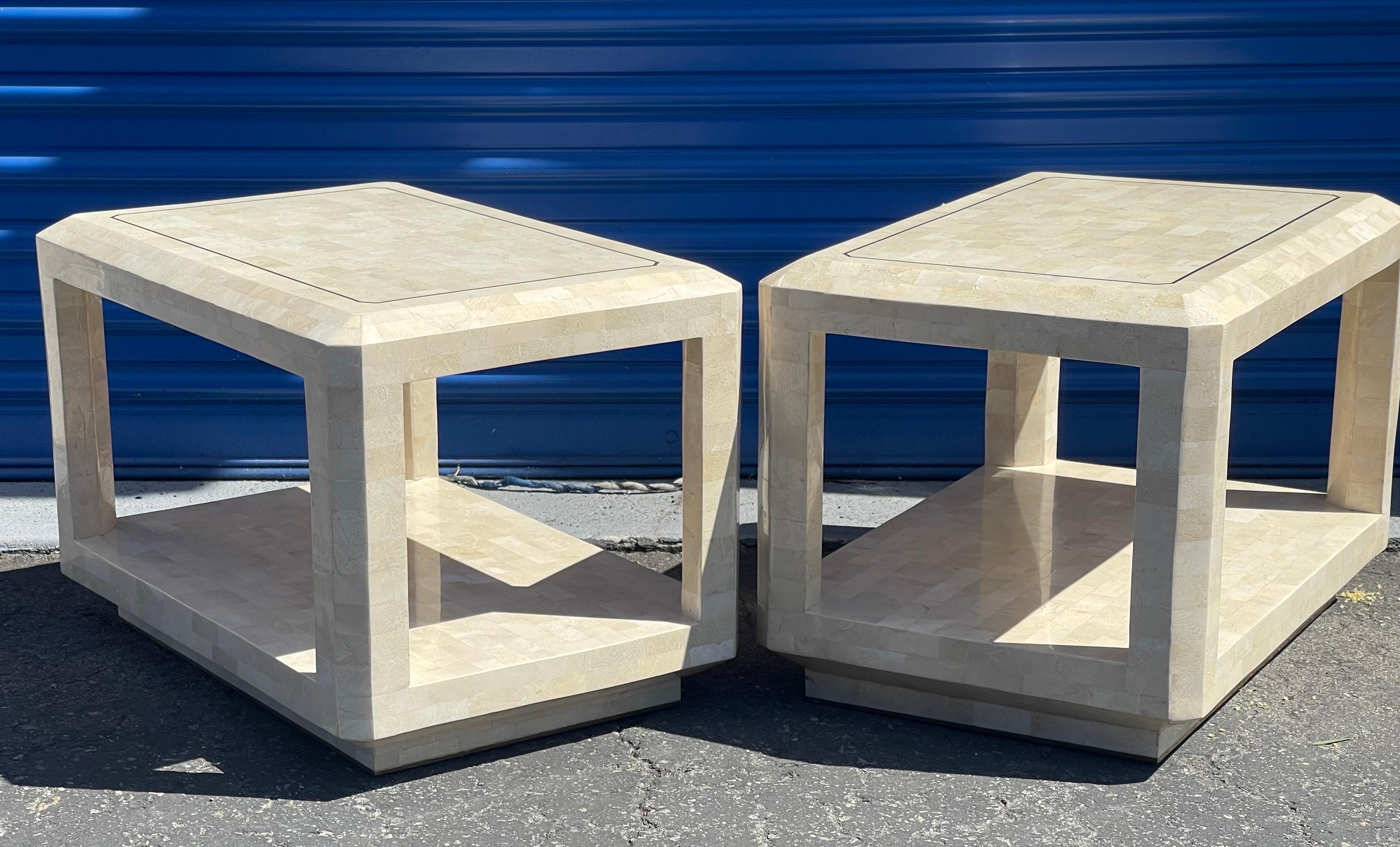 Pair of Tessellated Stone End Table with Brass Accents by Maitland Smith 10