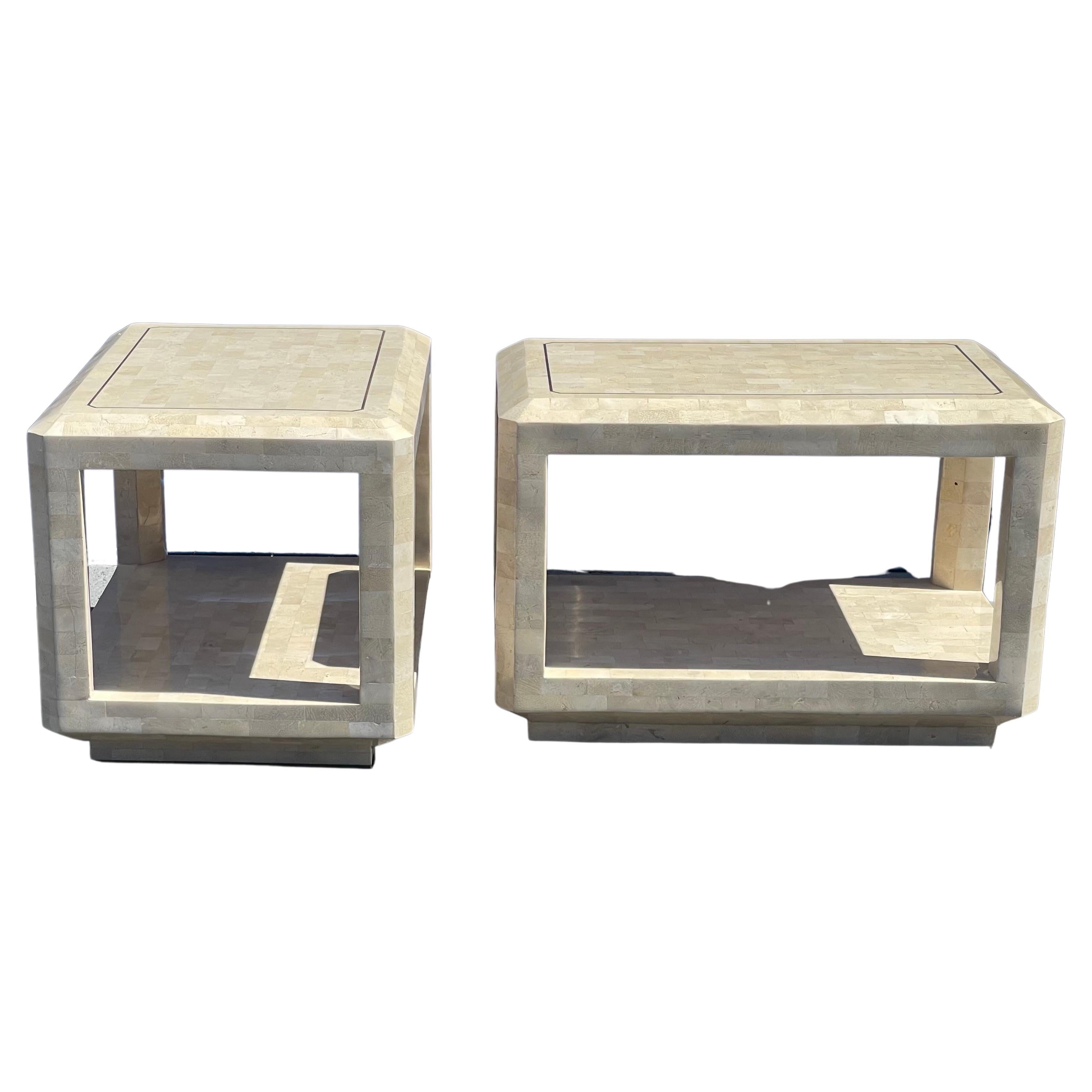 Pair of tessellated stone end tables with brass accents by Maitland Smith, circa 1970s. Gorgeous set in great condition; each table measures 16.5
