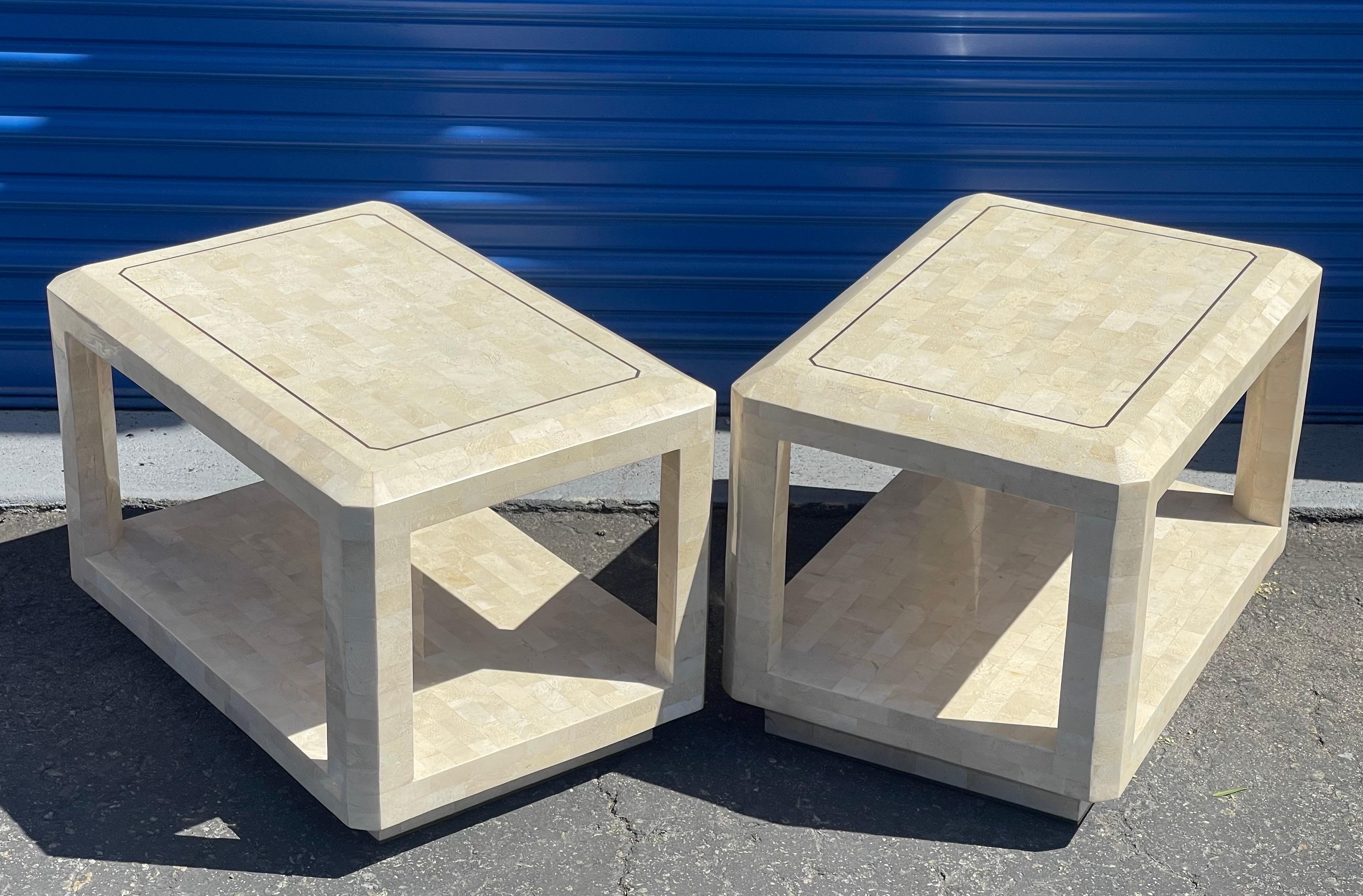 Hollywood Regency Pair of Tessellated Stone End Table with Brass Accents by Maitland Smith