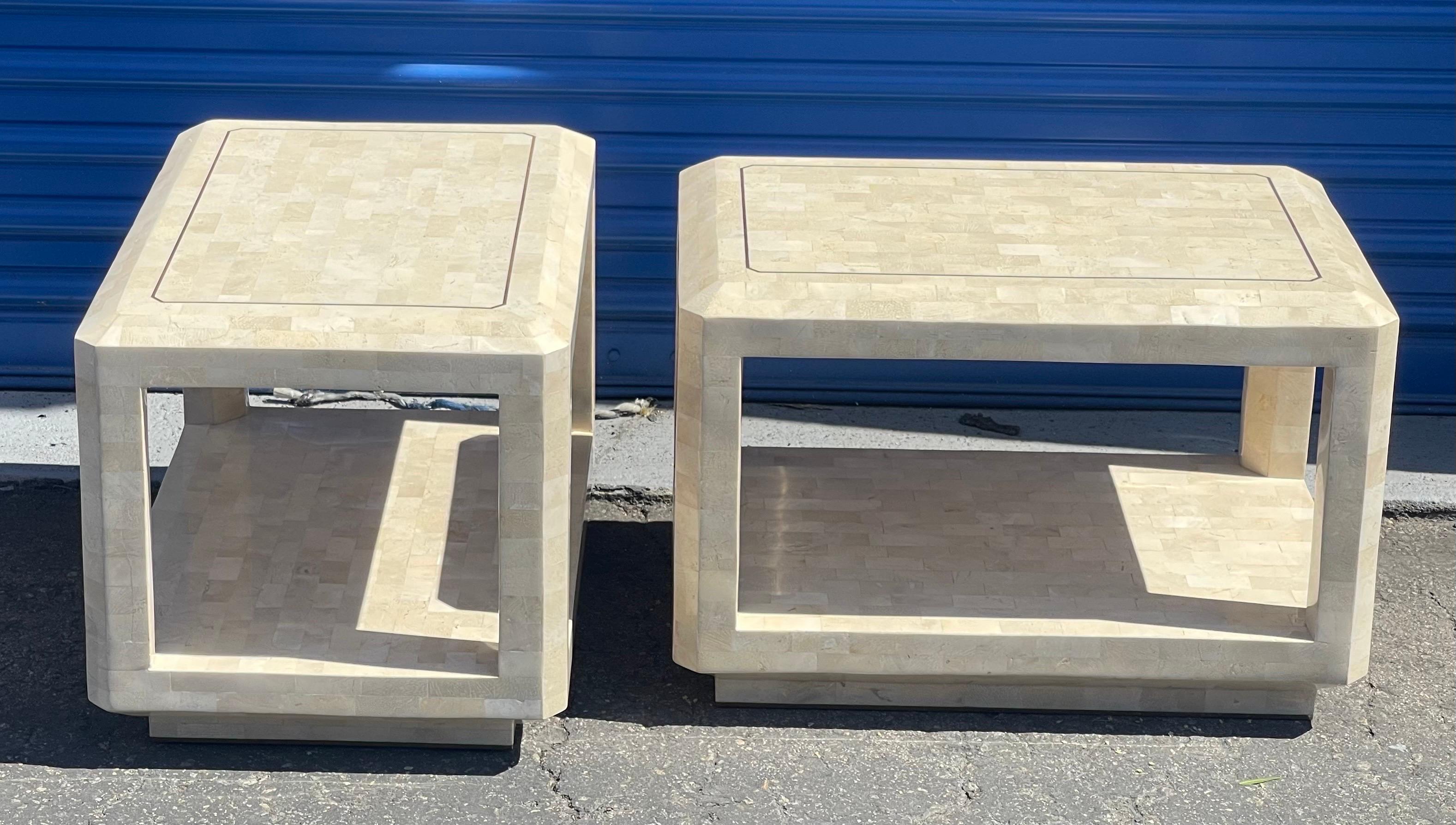 Philippine Pair of Tessellated Stone End Table with Brass Accents by Maitland Smith