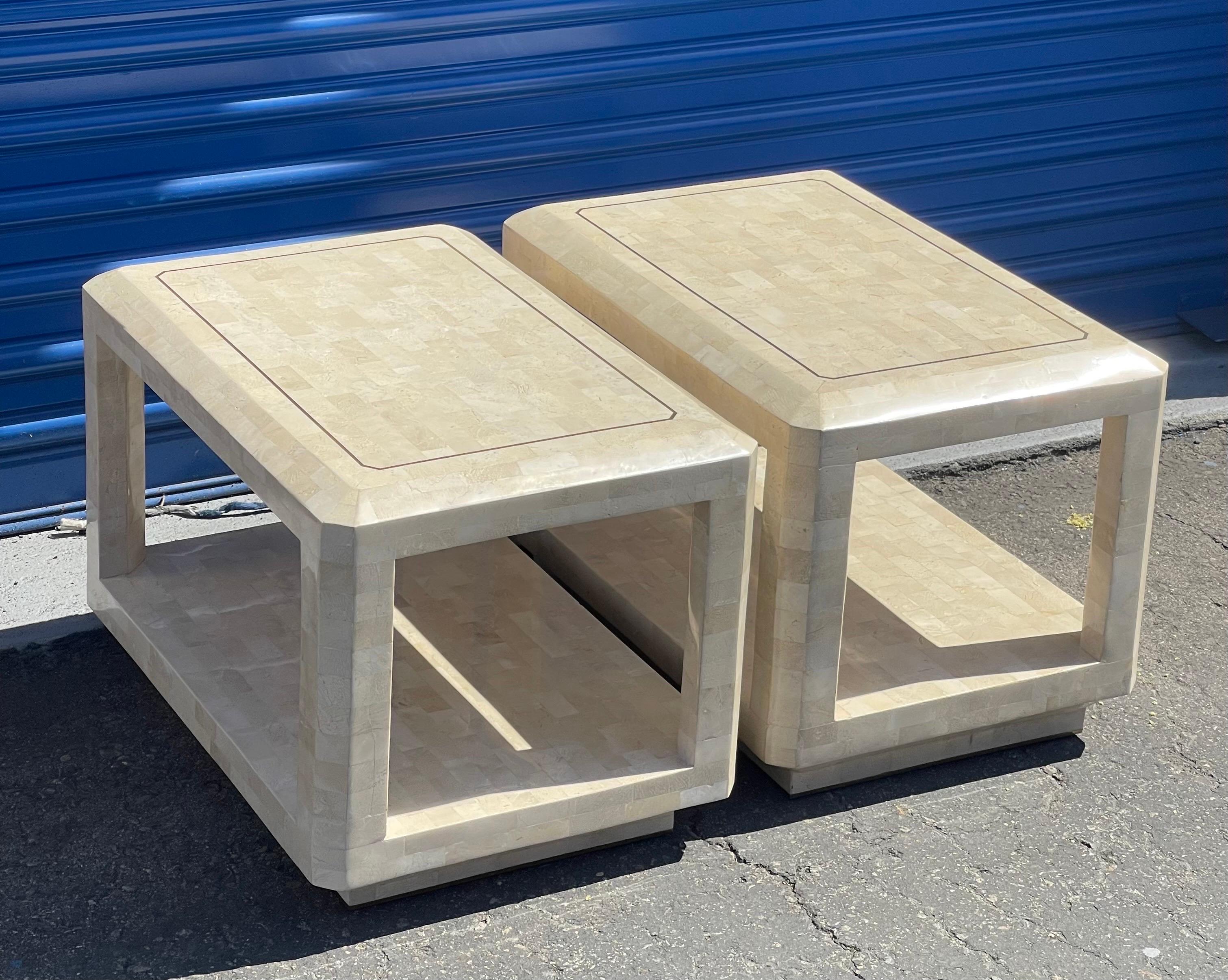 20th Century Pair of Tessellated Stone End Table with Brass Accents by Maitland Smith