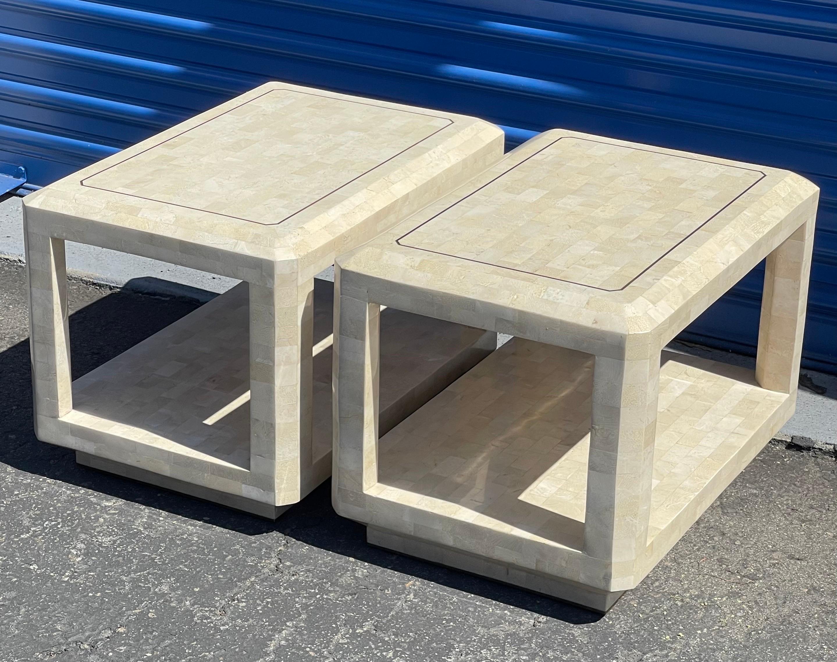 Pair of Tessellated Stone End Table with Brass Accents by Maitland Smith 1