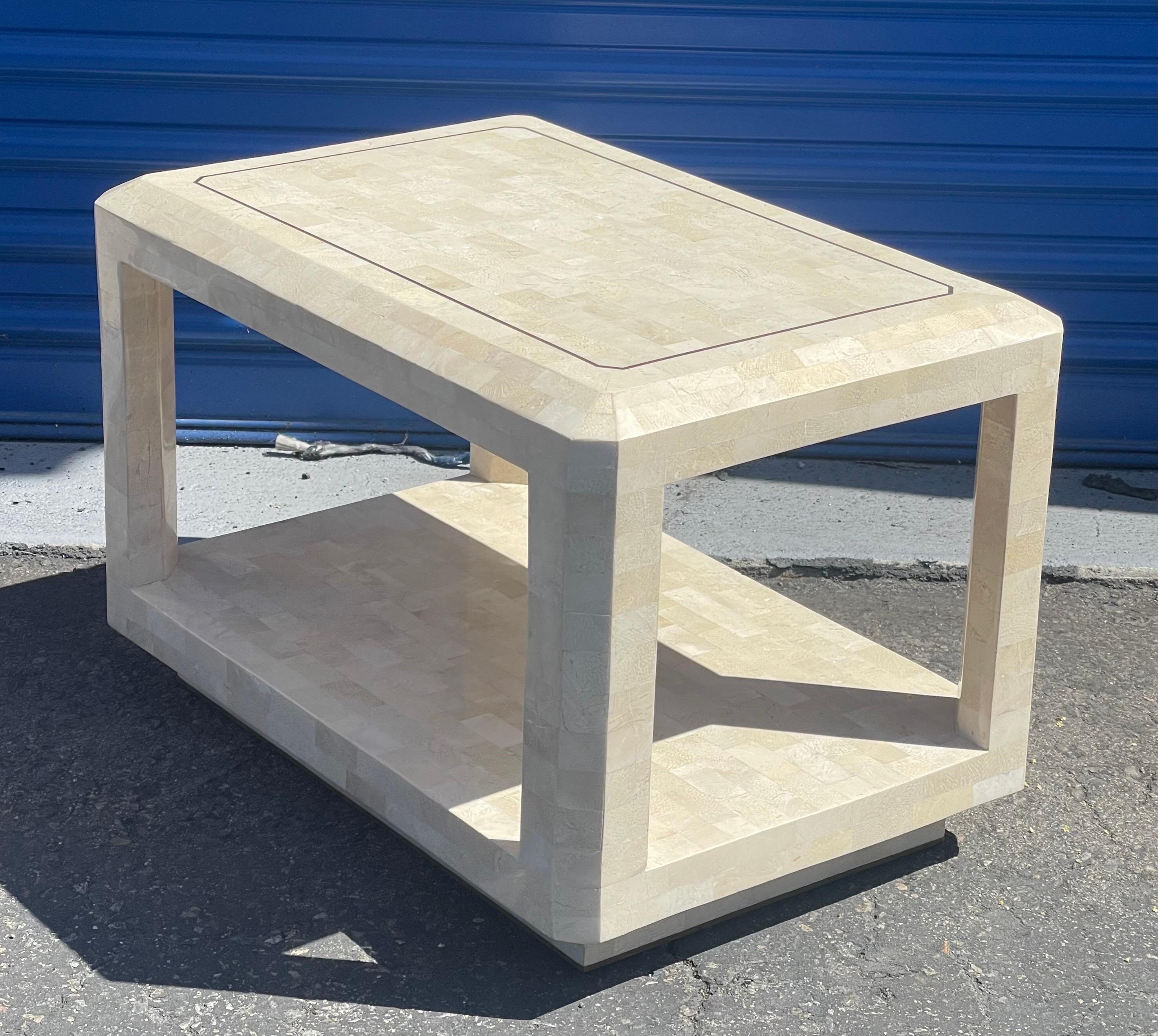 Pair of Tessellated Stone End Table with Brass Accents by Maitland Smith 2