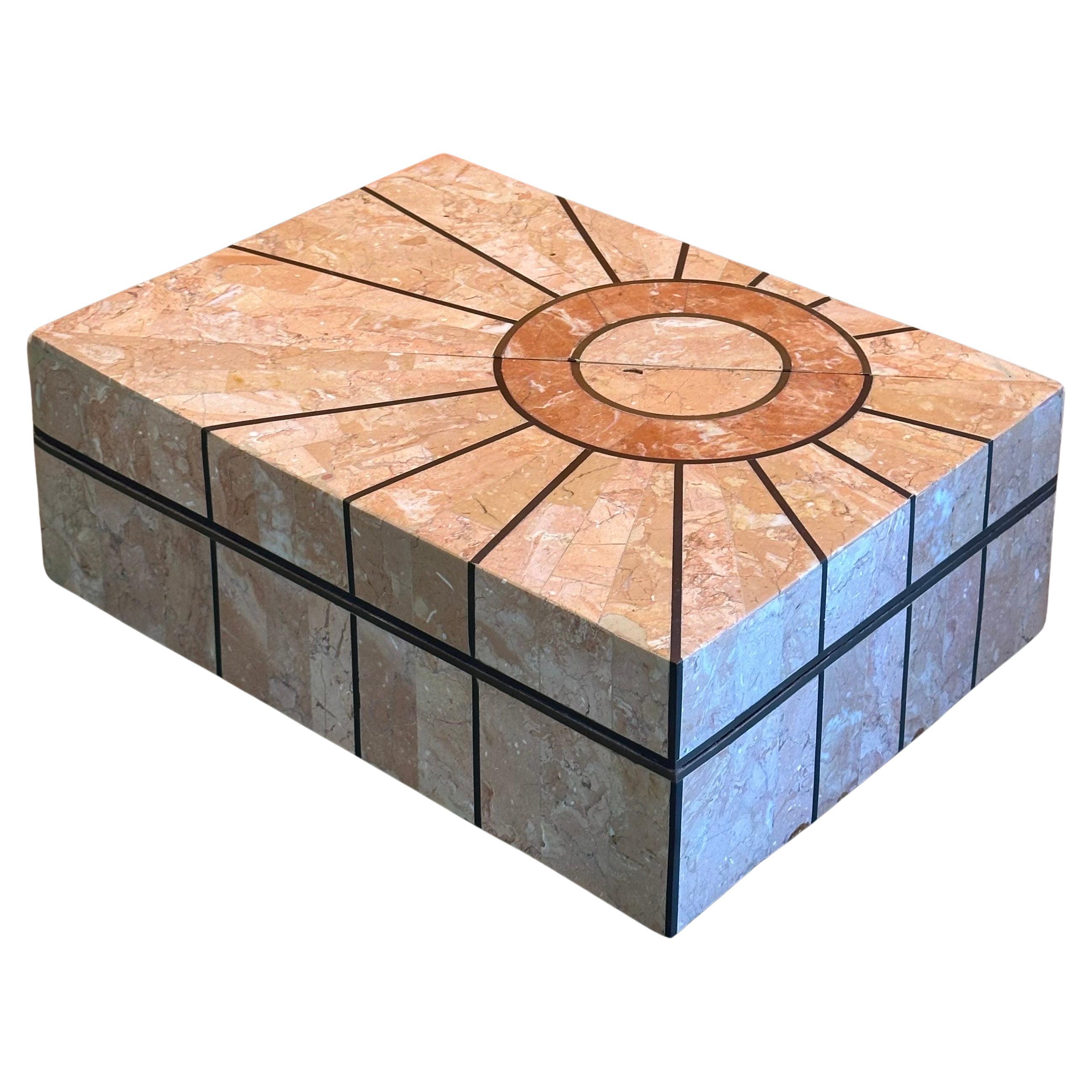A very nice pair of vintage Hollywood Regency tessellated stone and brass triangular boxes by Robert Marcius for Casa Bique, circa 1980s.  The boxes are in very good vintage condition and measure a substantial 14.75