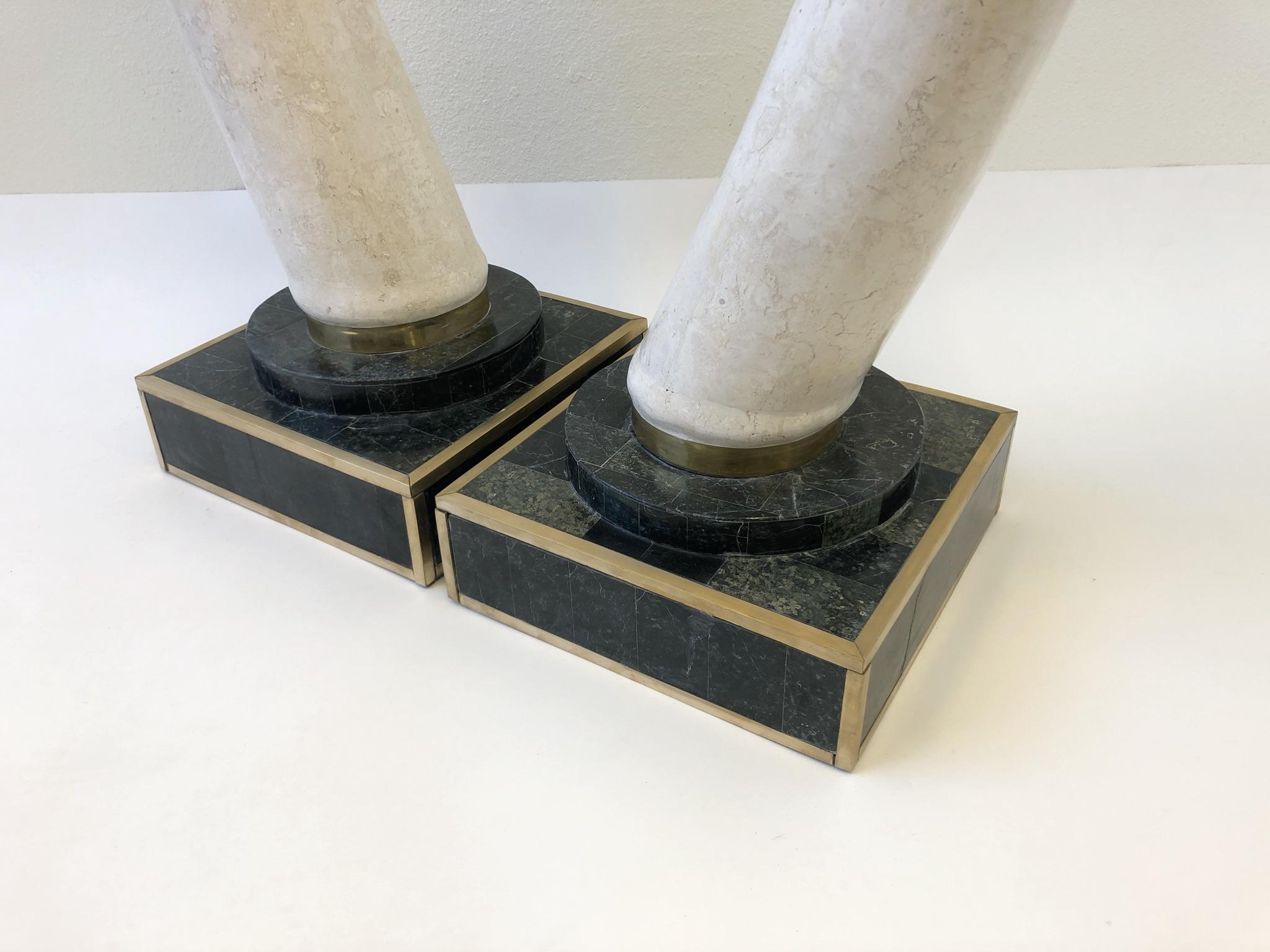 Pair of Tessellated Travertine and Marble Faux Tusk In Good Condition In Palm Springs, CA