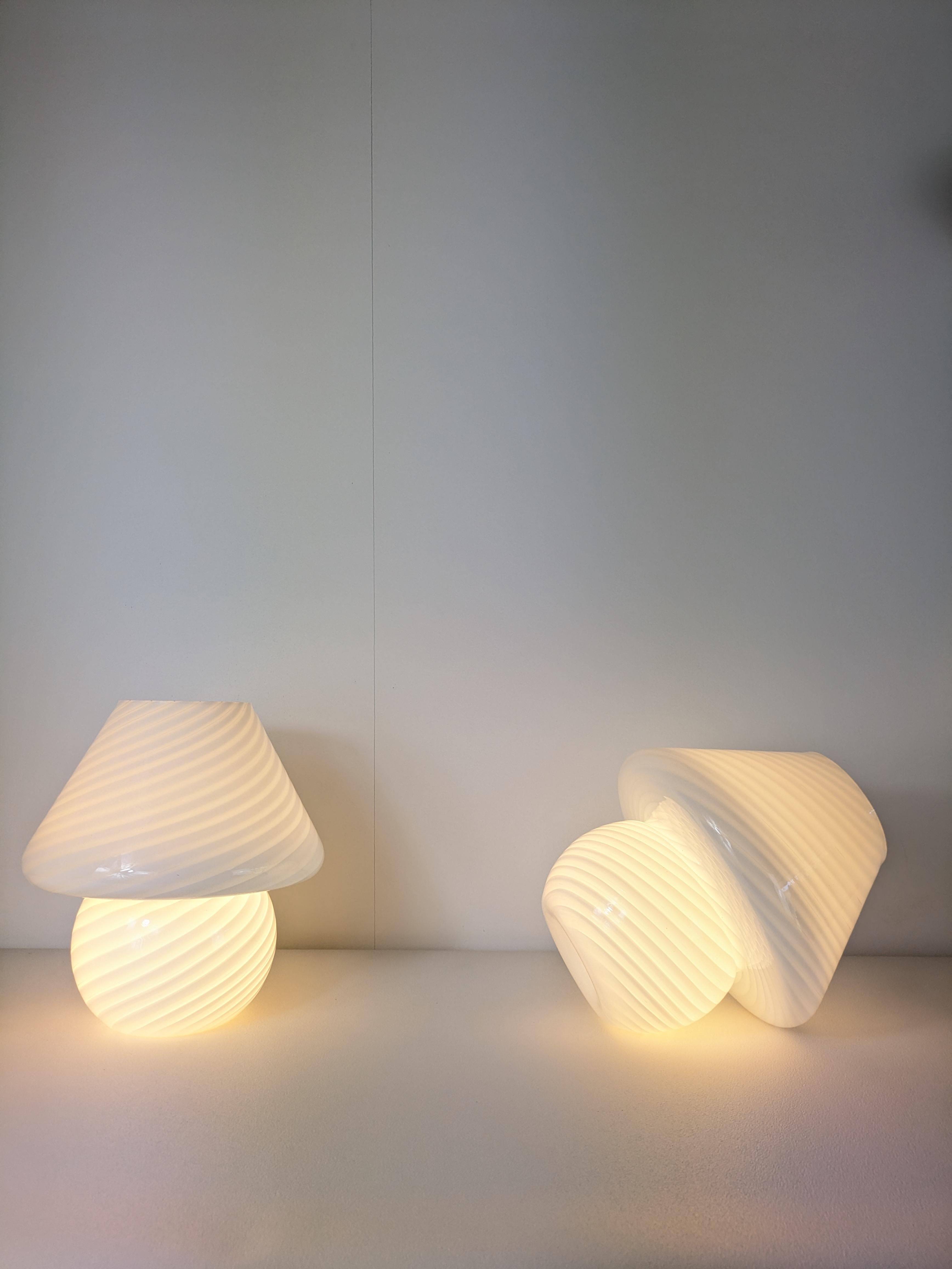 Hand-Crafted Pair of Tessuto Mushroom Table Lamps, Murano Glass, Opalin, Murano Vetri VM