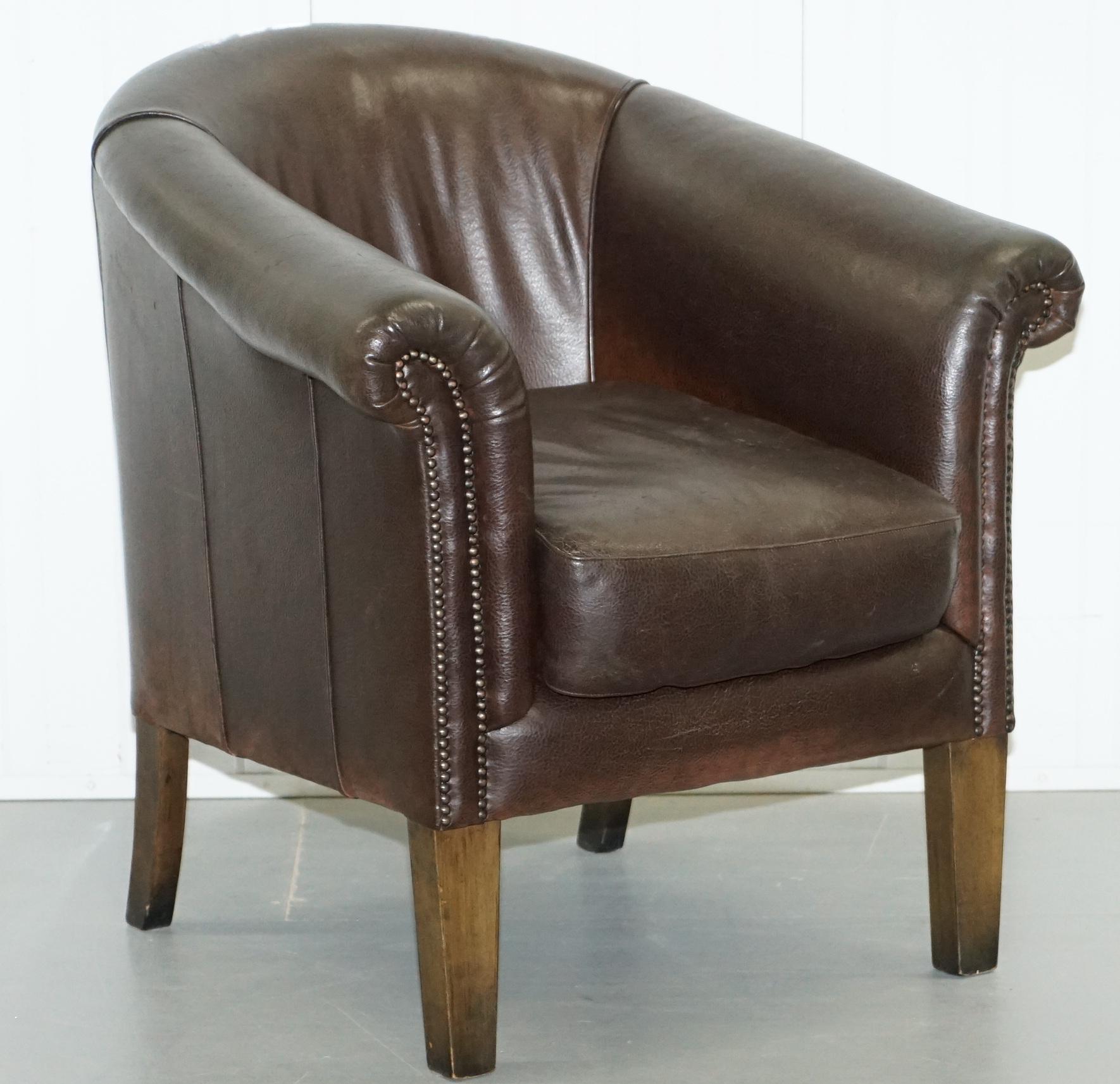 Pair of Tetrad Buster Thick Brown Leather Tub Club Armchairs Sold in John Lewis 3