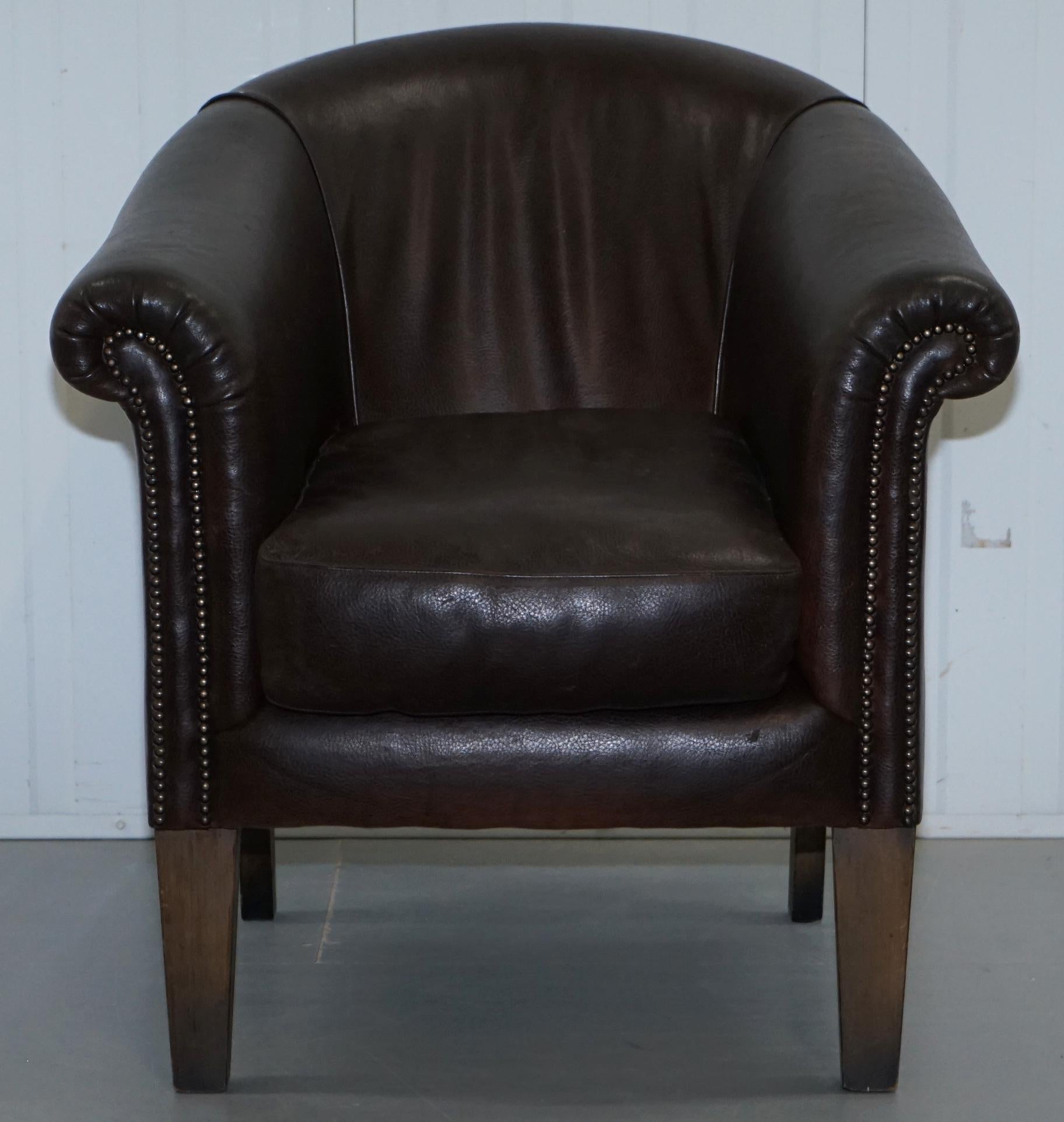 Pair of Tetrad Buster Thick Brown Leather Tub Club Armchairs Sold in John Lewis 4