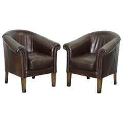 Paar Tetrad Buster Thick Brown Leather Tub Club Sessel Verkauft in John Lewis