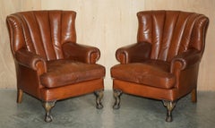 COPPIA DI POLTRONE WiNGBACK IN PELLE MARRONE MUSTANG CON SCHIENALE A QUATTRO SCANALATURE E POGGIAPIEDI