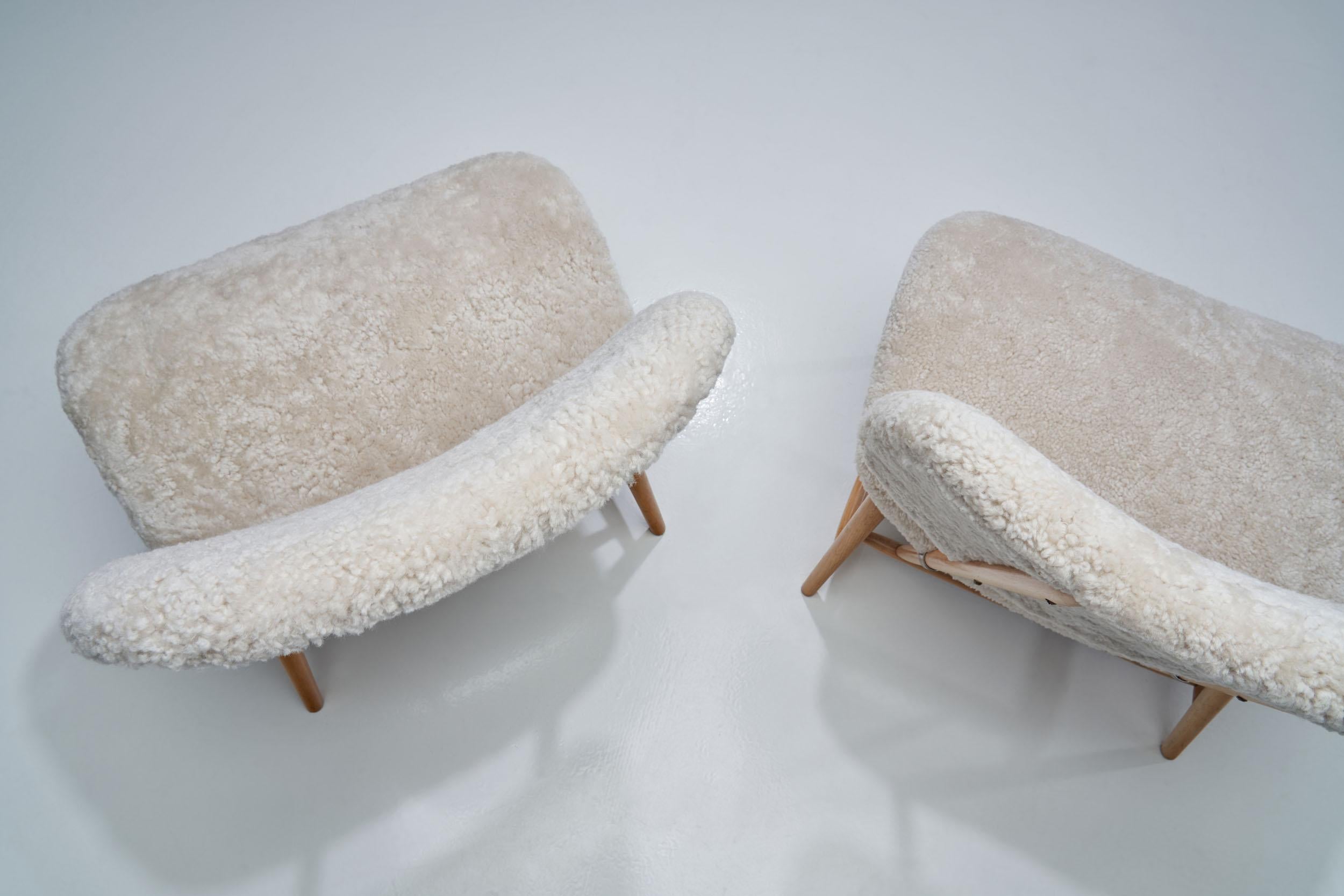 Sheepskin Pair of “TeVe” Chairs by Alf Svensson for Studio Ljungs Industrier AB, SWE