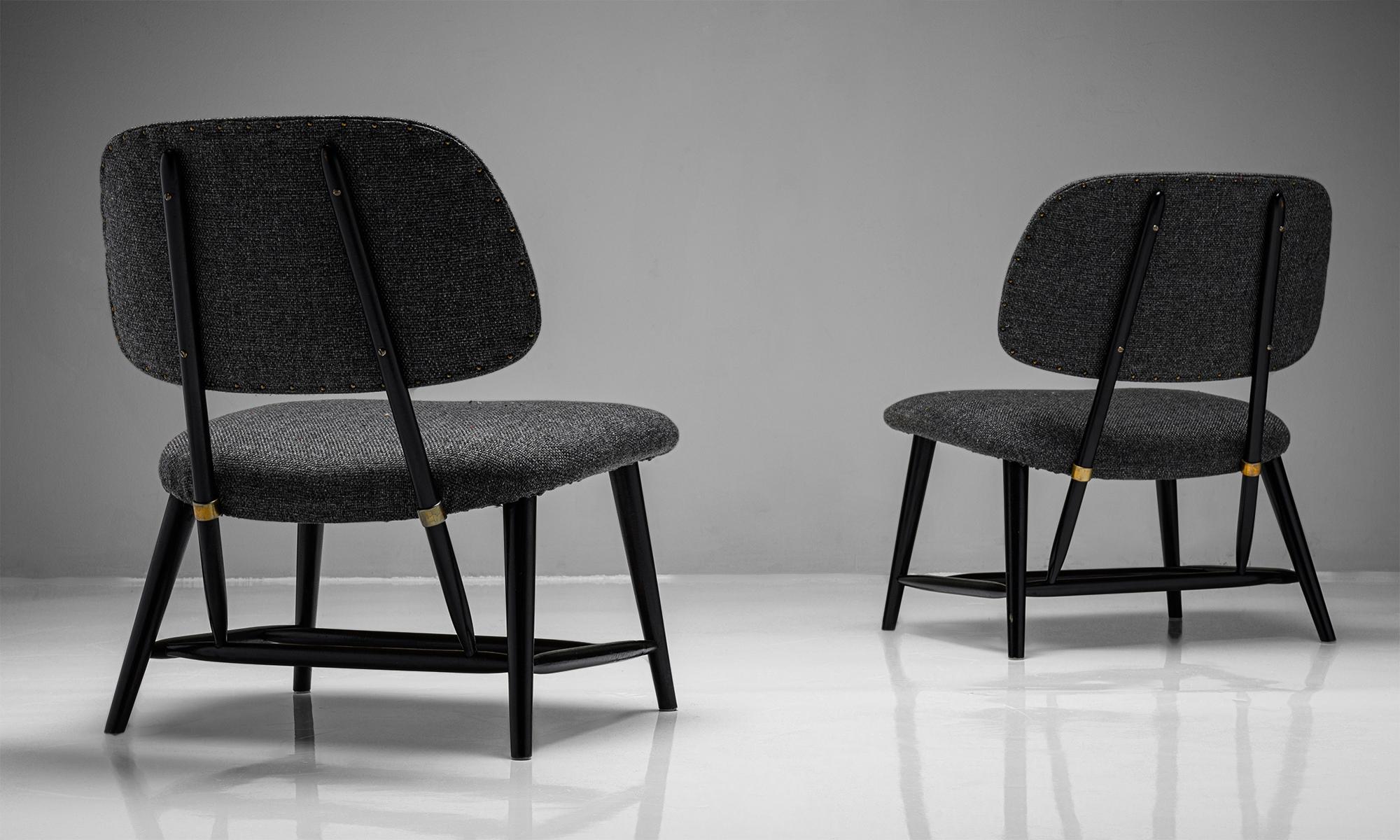 Pair of “TeVe” chairs by Alf Svensson

Sweden circa 1950

Ebonised wooden Frame with brass details, in original black tweed wool fabric.