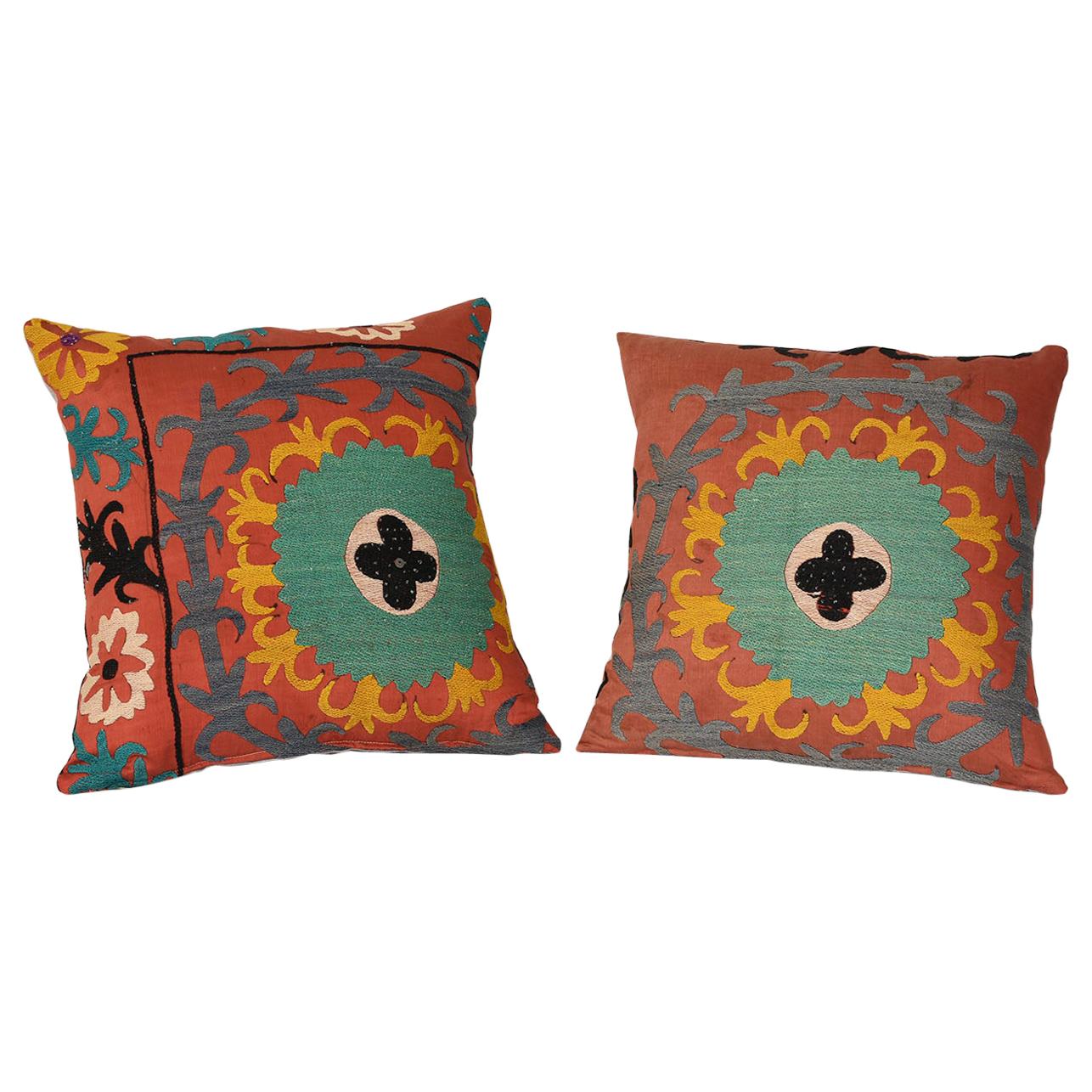 Pair of Antique Nim Suzani Textile Pillows  