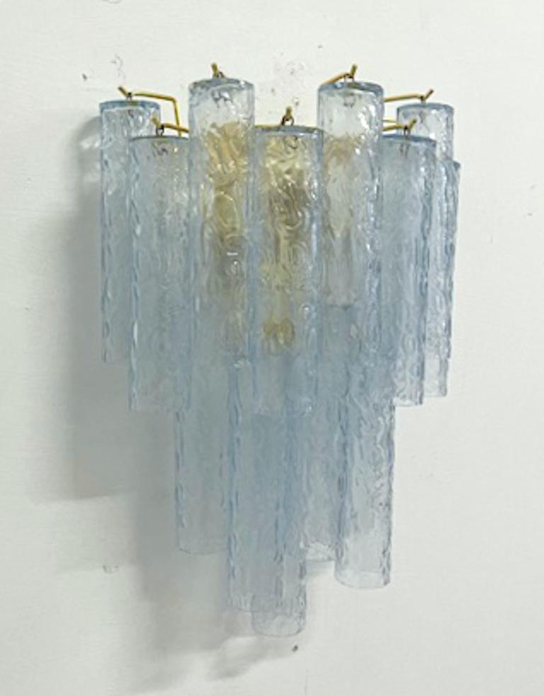 Murano Glass Pair of Textured Blue Tubes Sconces by Fabio Ltd